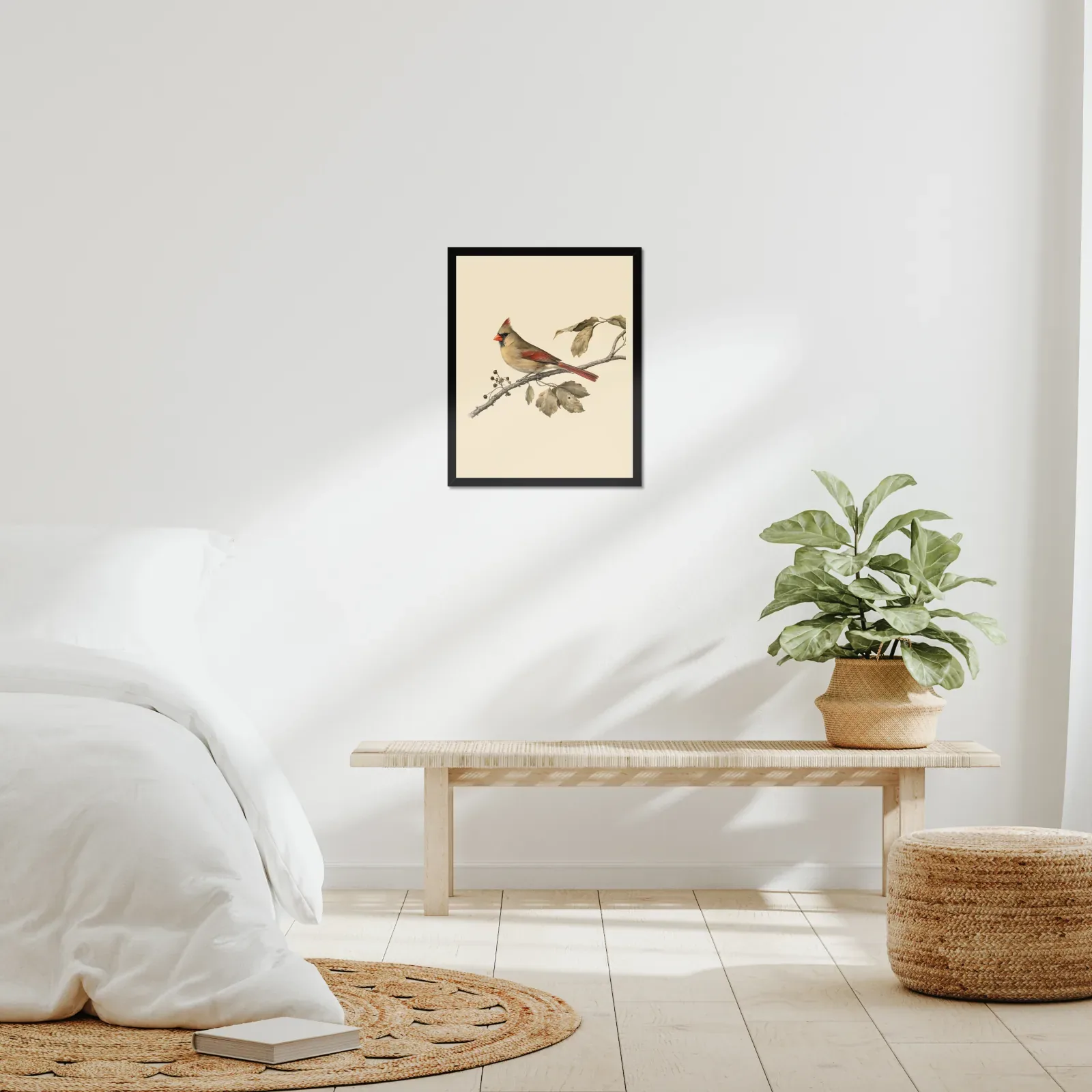 Christmas Cardinal Pair framed at 16x20 inches, shown on a wall to scale