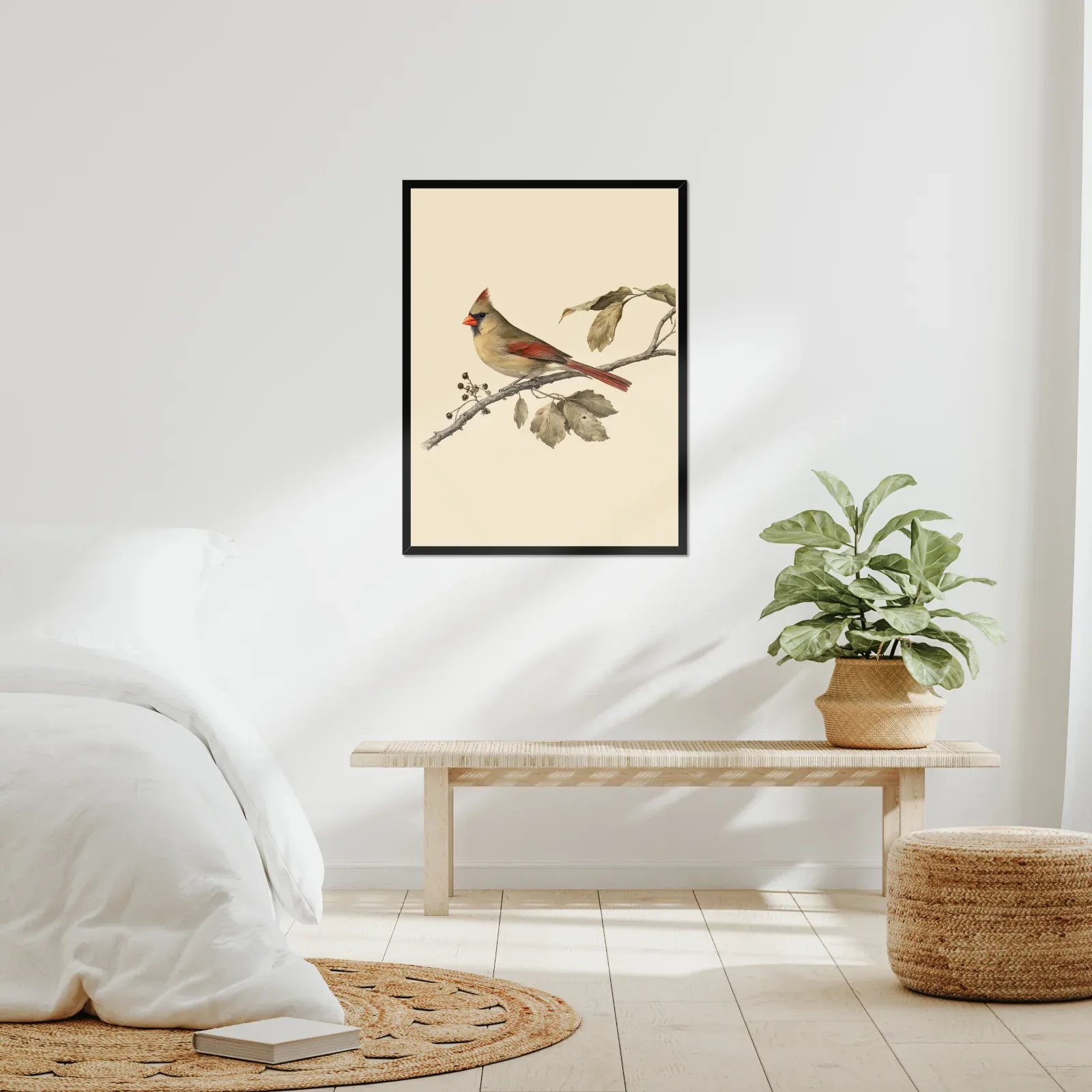 Christmas Cardinal Pair framed at 24x30 inches, shown on a wall to scale