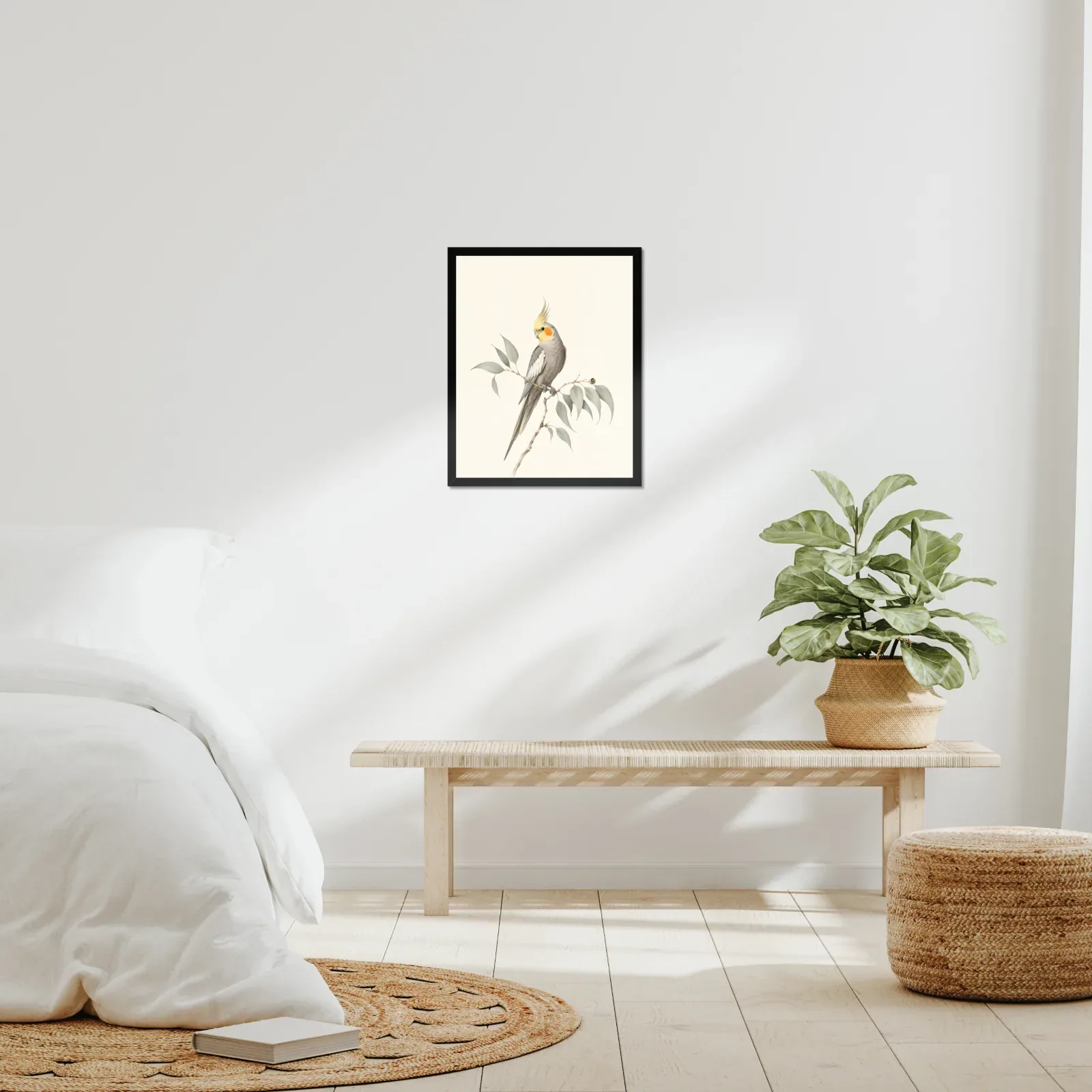 Cockatiel Print framed at 16x20 inches, shown on a wall to scale