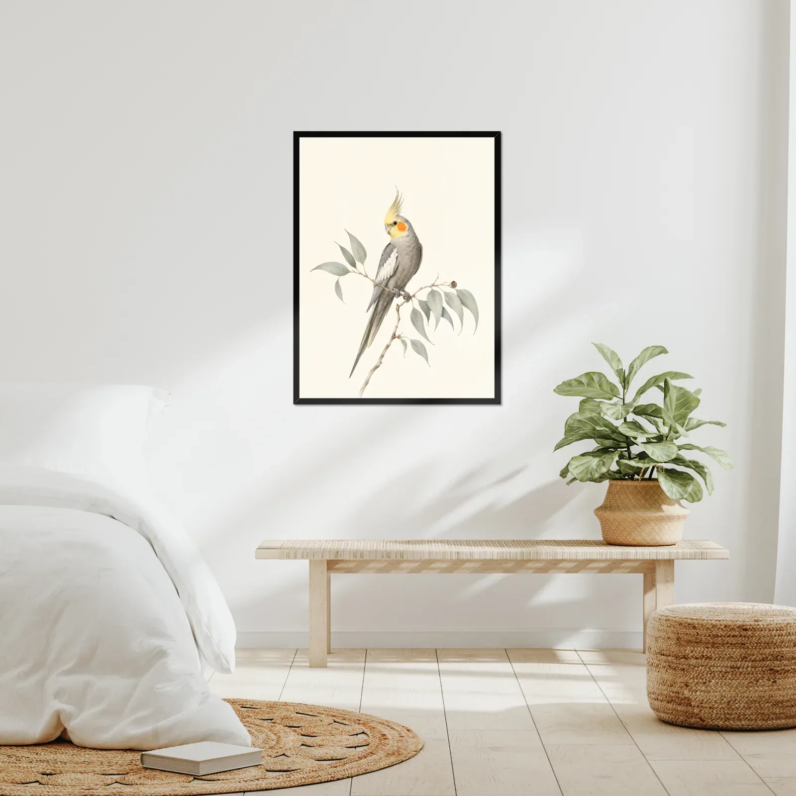 Cockatiel Print framed at 24x30 inches, shown on a wall to scale