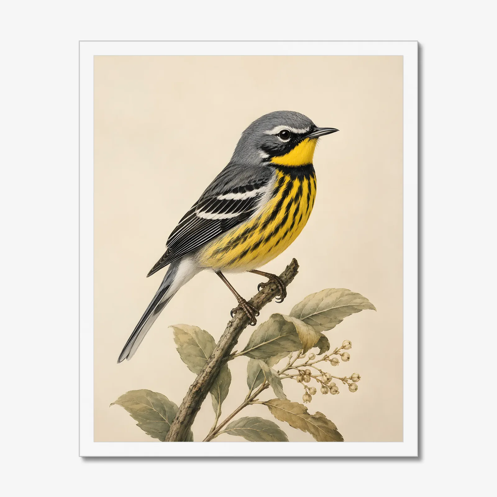 Colima Warbler Print in a white frame