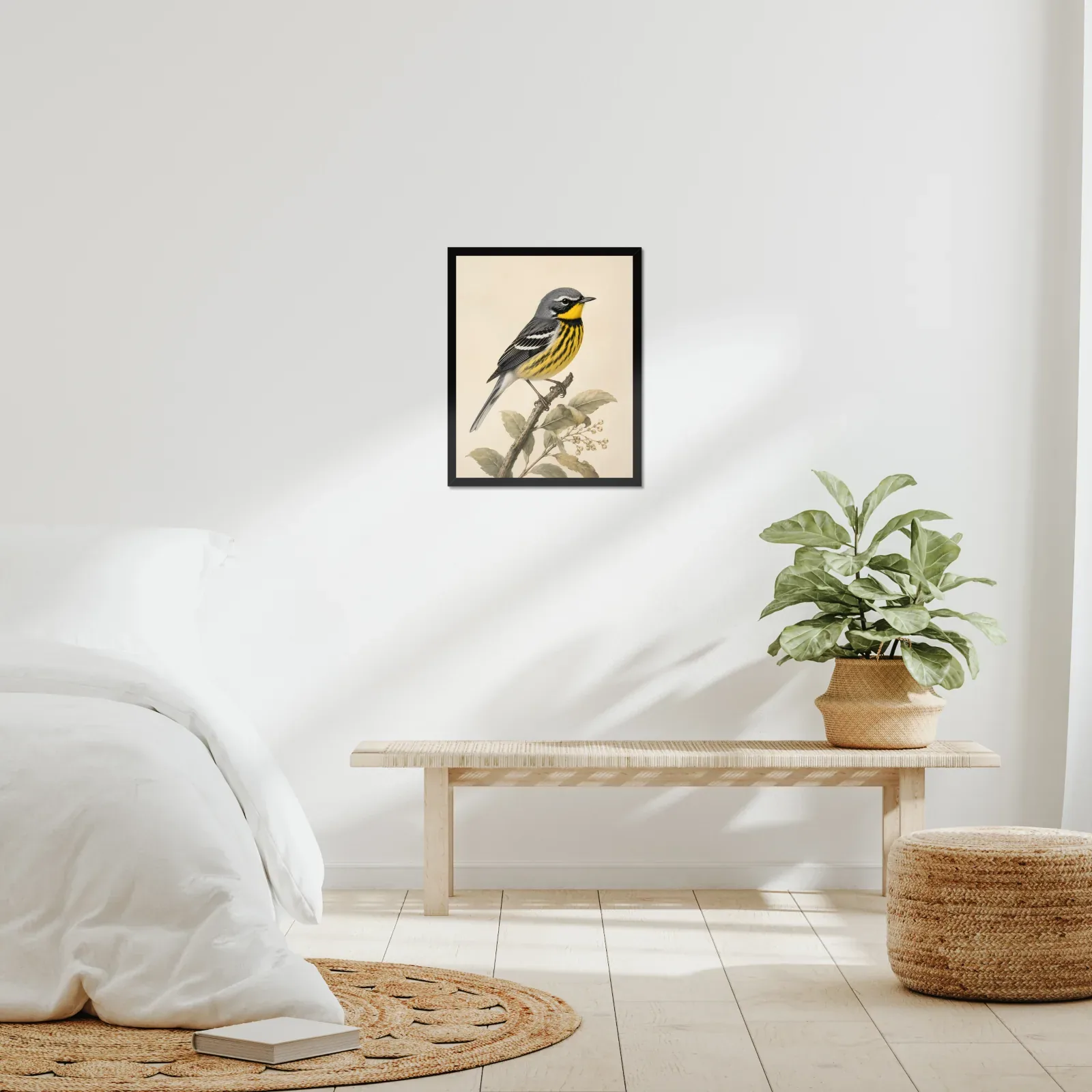 Colima Warbler Print framed at 16x20 inches, shown on a wall to scale