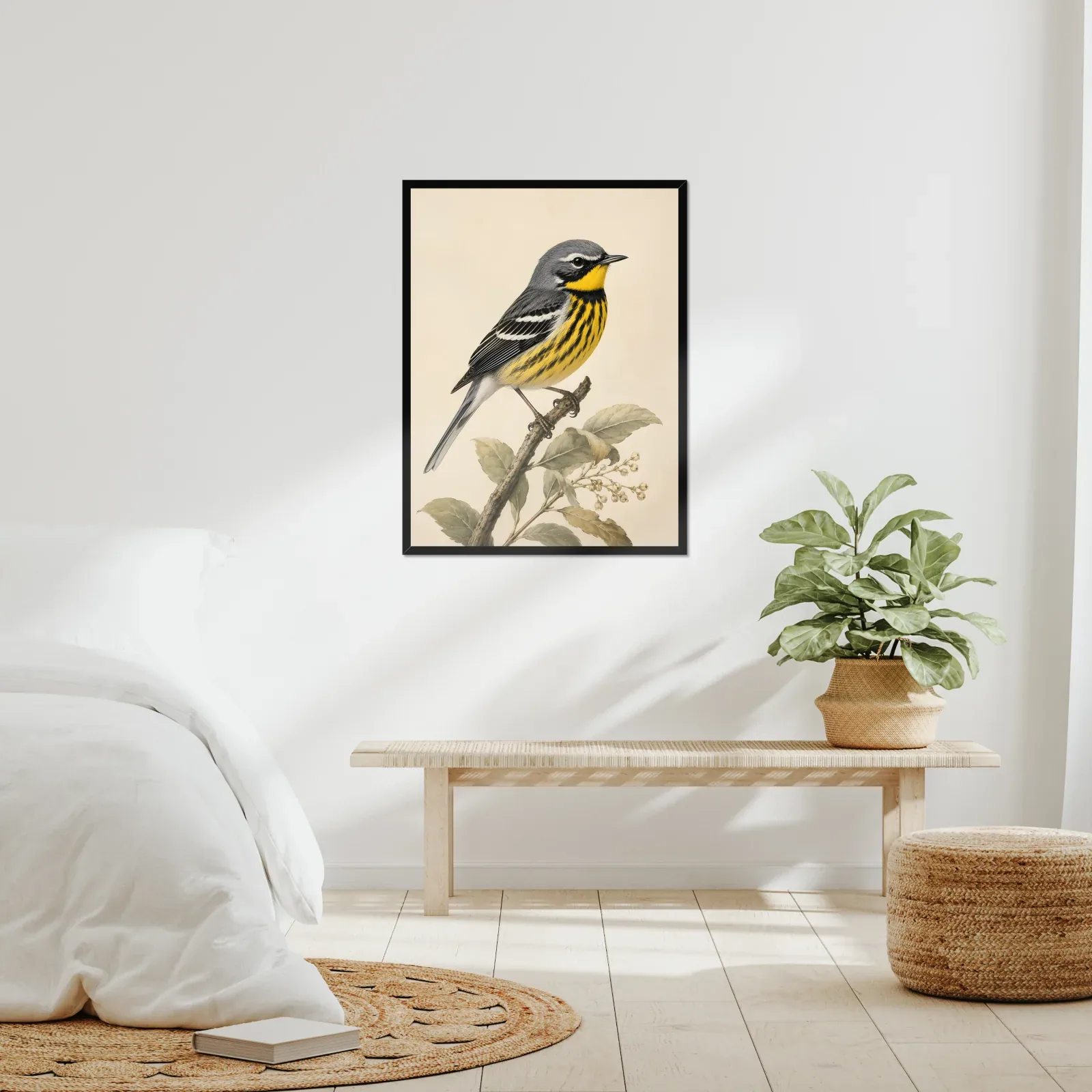 Colima Warbler Print framed at 24x30 inches, shown on a wall to scale