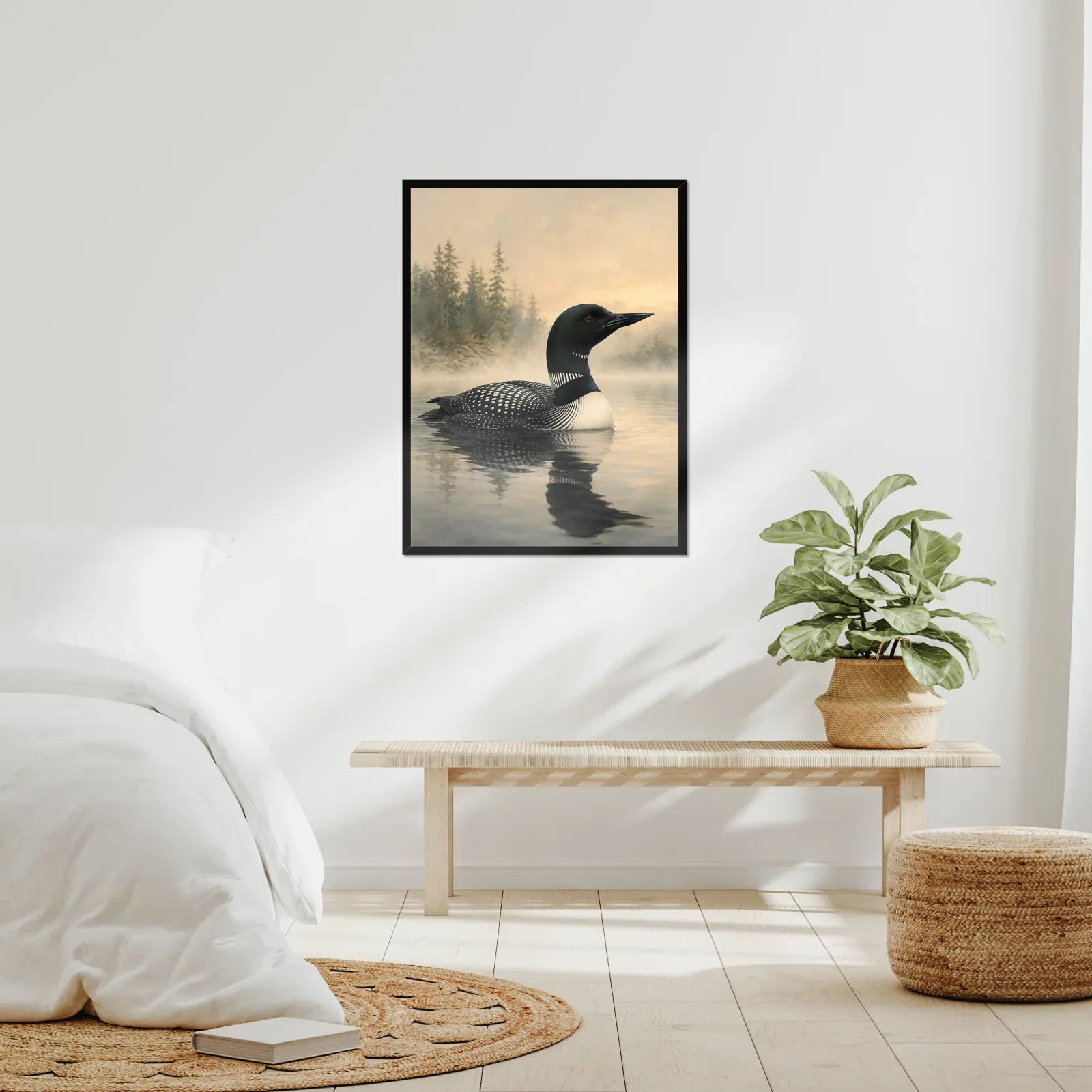 A framed bird print in a real room