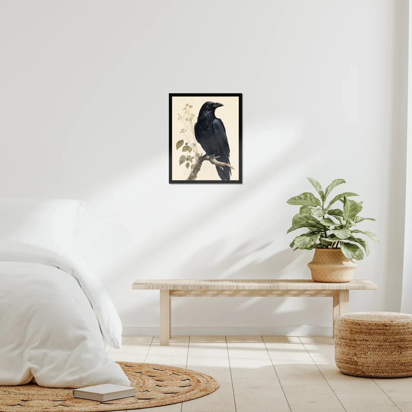 Common Raven Print framed at 16x20 inches, shown on a wall to scale
