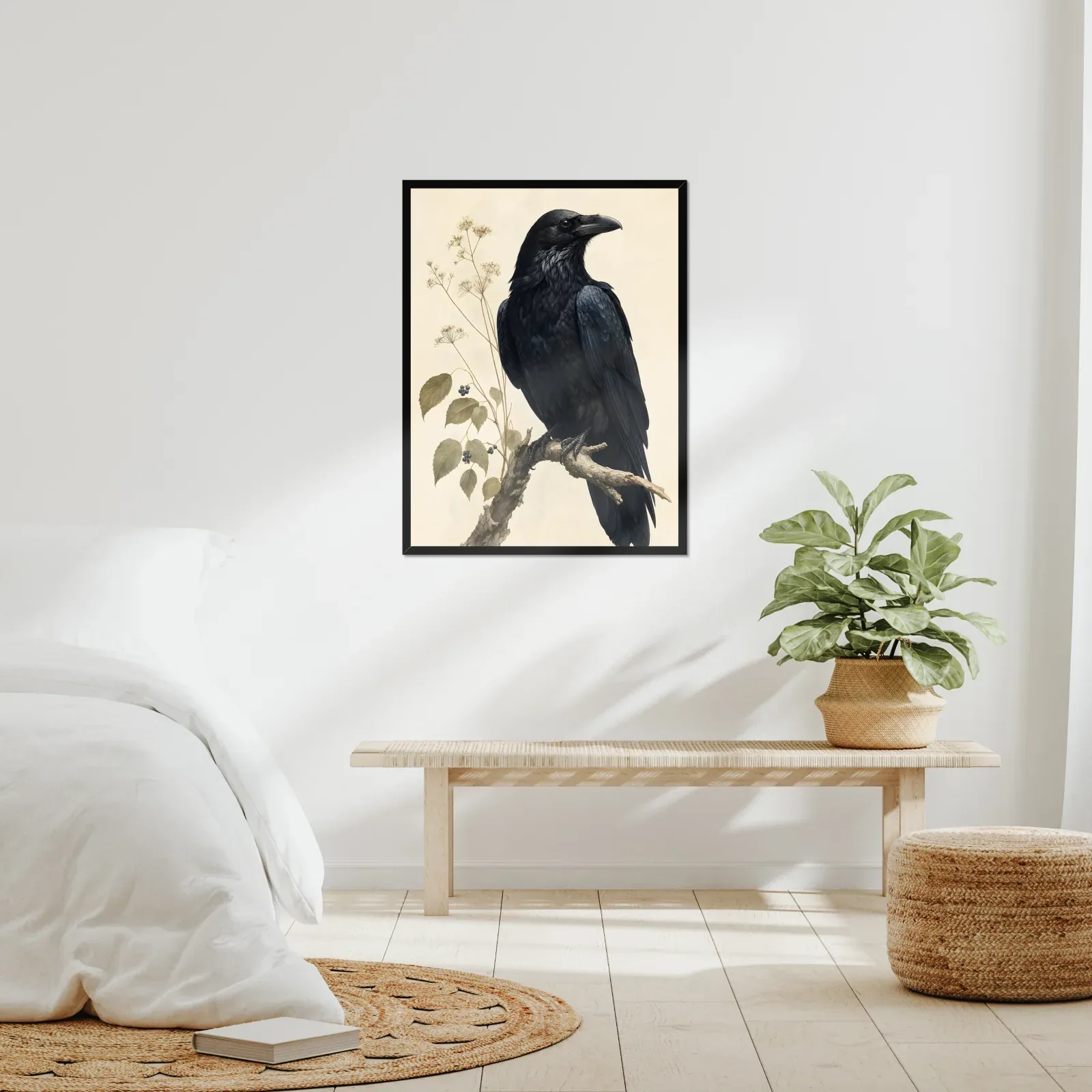 A framed bird print in a real room