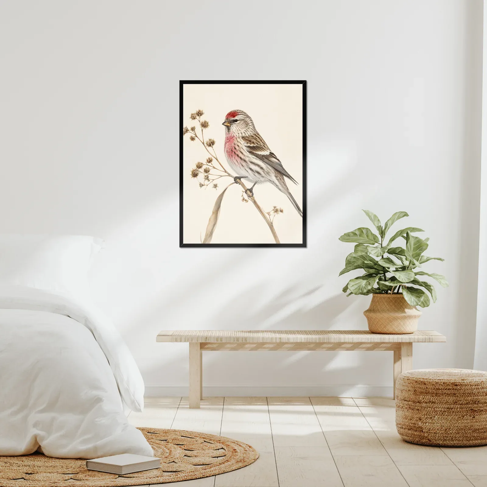 Common Redpoll Print framed at 24x30 inches, shown on a wall to scale