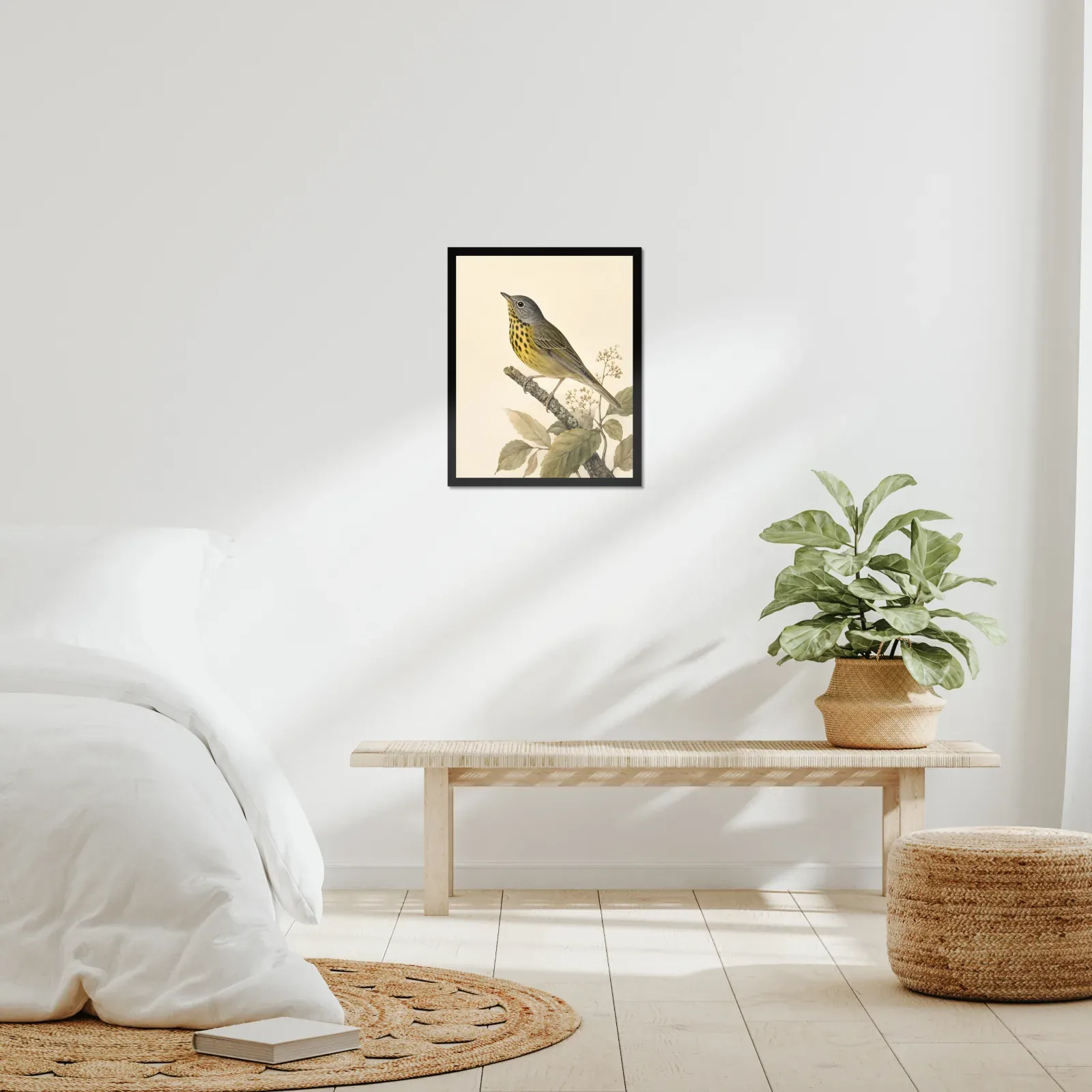 Connecticut Warbler Print framed at 16x20 inches, shown on a wall to scale
