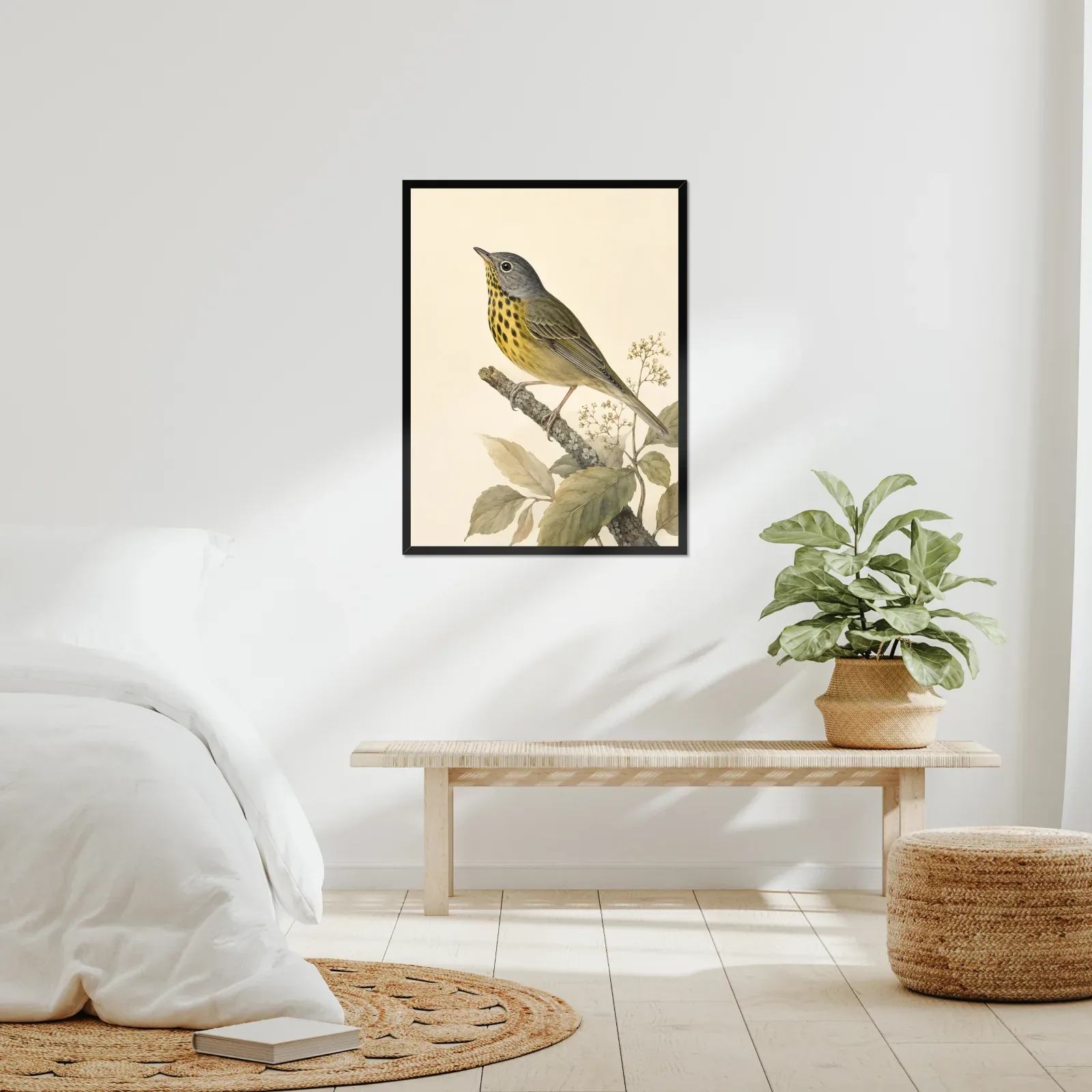 Connecticut Warbler Print framed at 24x30 inches, shown on a wall to scale