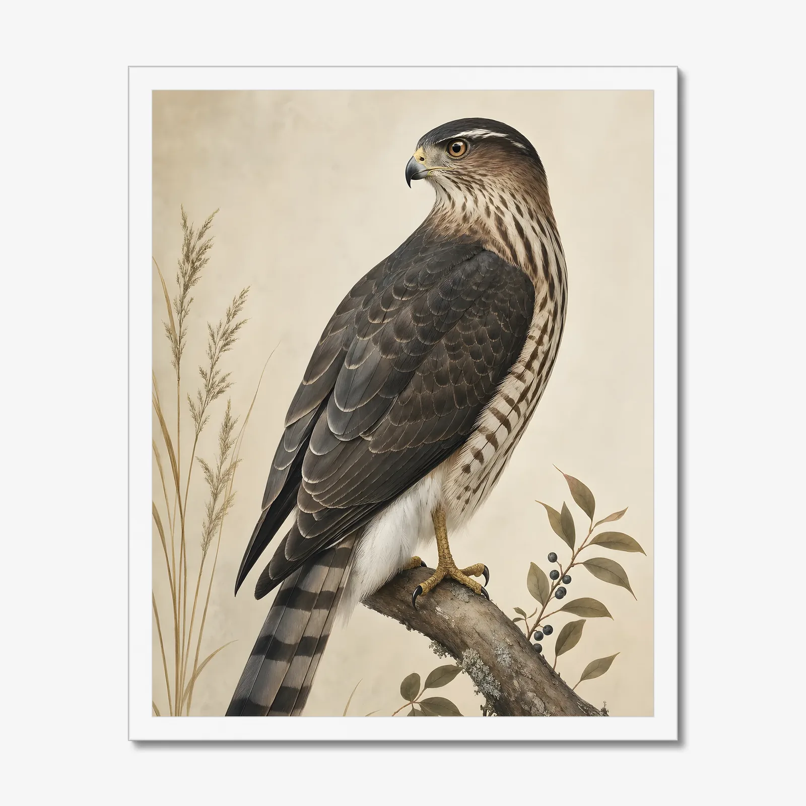 Cooper's Hawk Print in a white frame