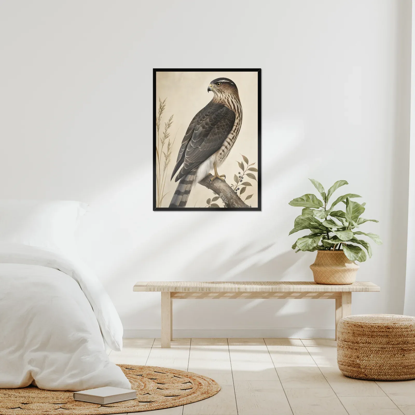 Cooper's Hawk Print framed at 24x30 inches, shown on a wall to scale