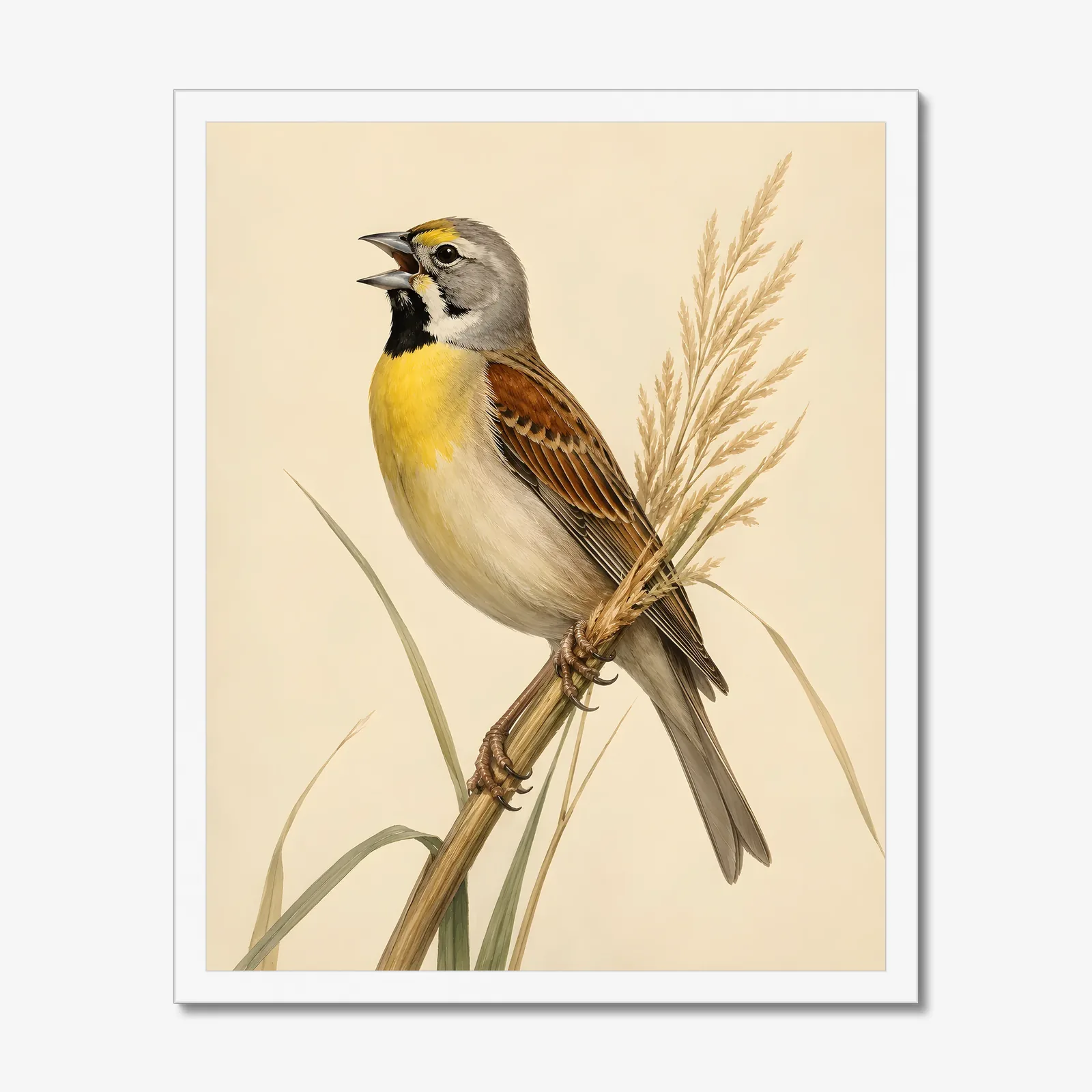 Dickcissel Print - Prairie Songbird Wall Art in a white frame