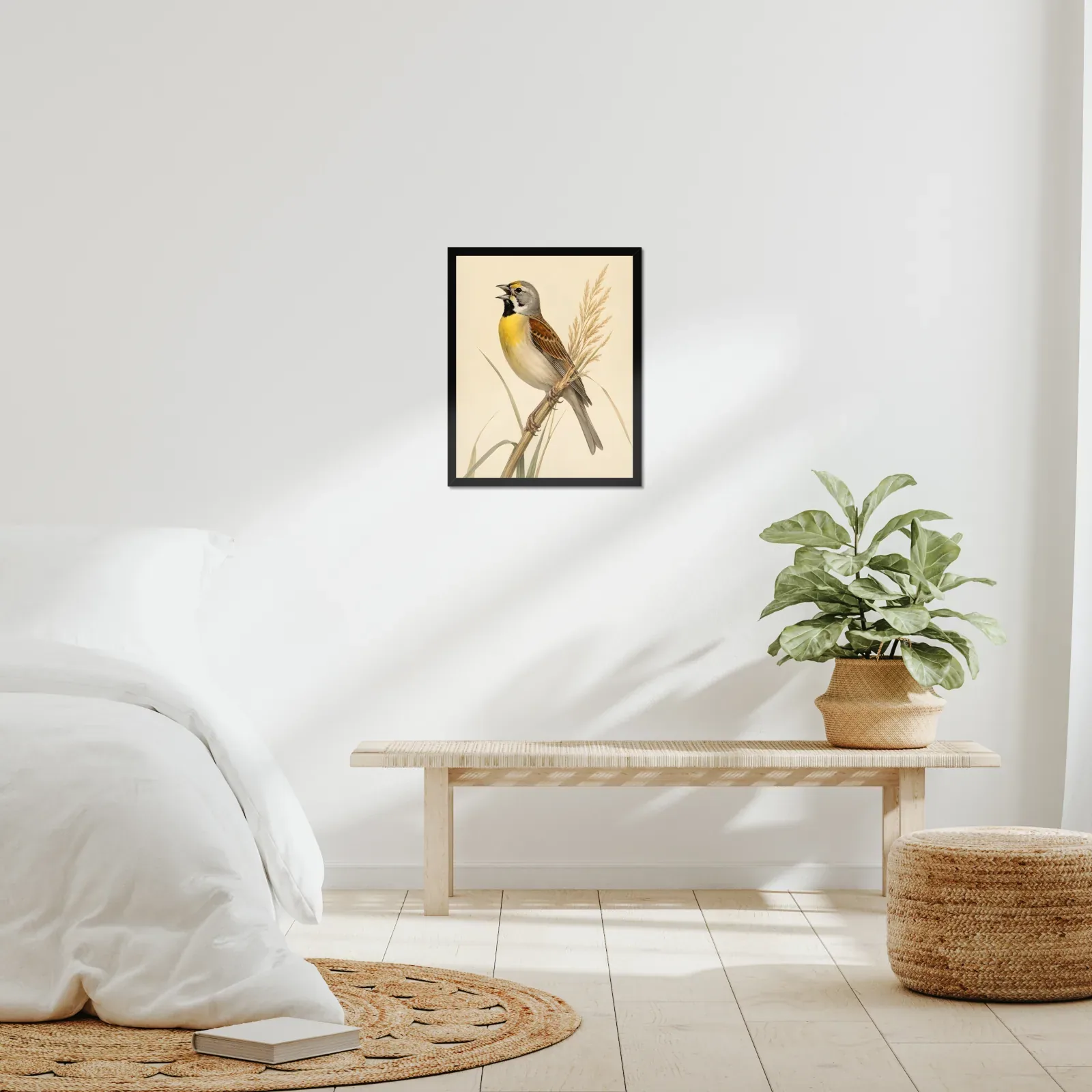 Dickcissel Print - Prairie Songbird Wall Art framed at 16x20 inches, shown on a wall to scale