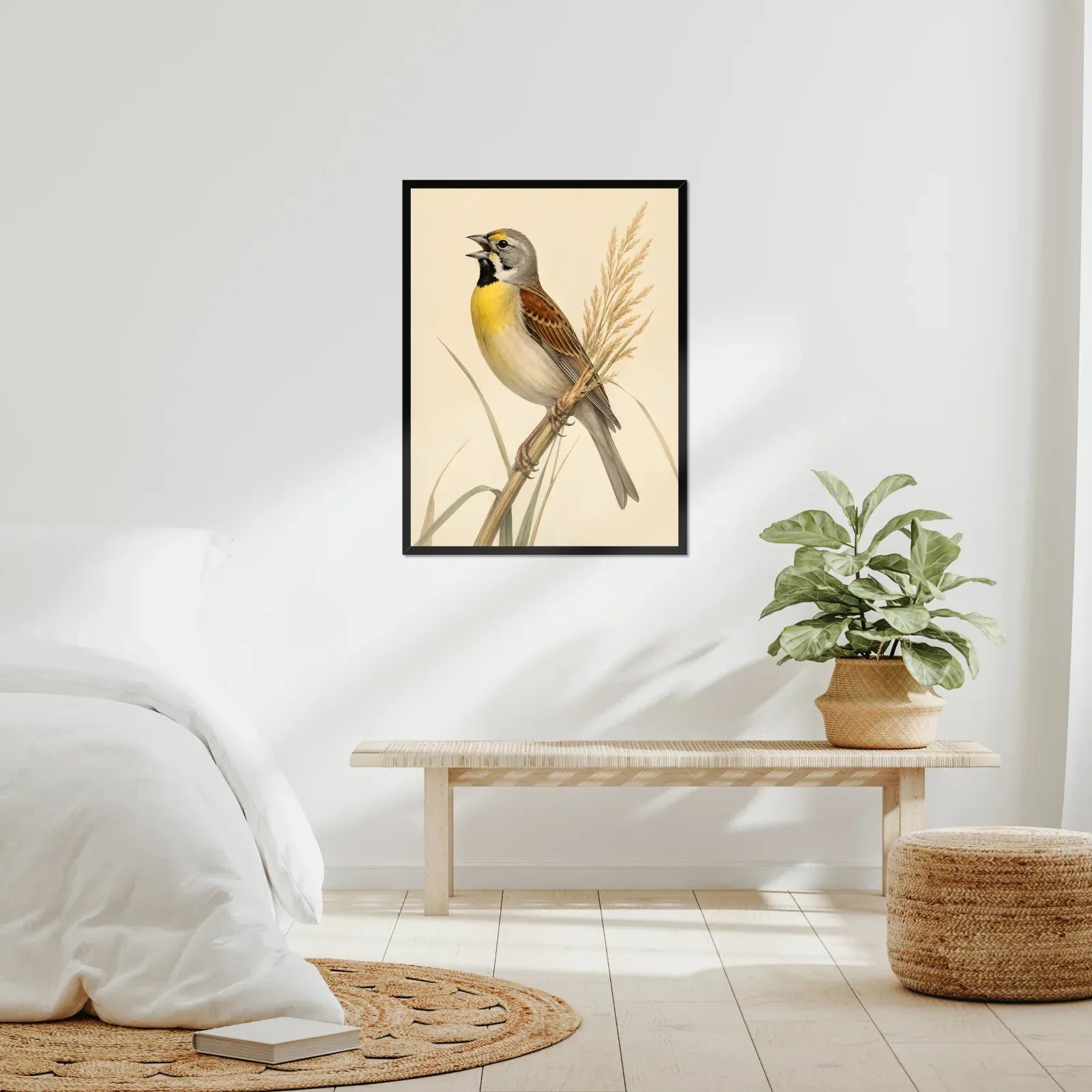 Dickcissel Print - Prairie Songbird Wall Art framed at 24x30 inches, shown on a wall to scale