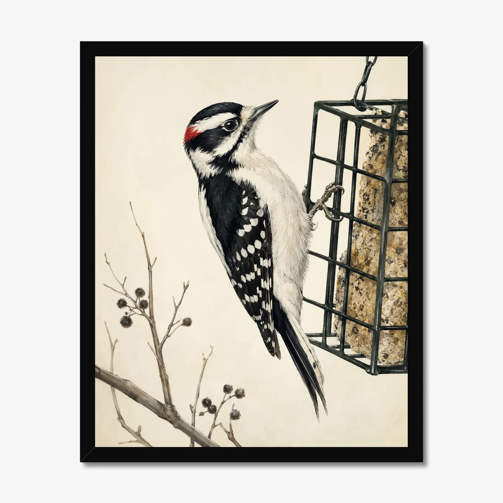 Downy Woodpecker Print in a black frame
