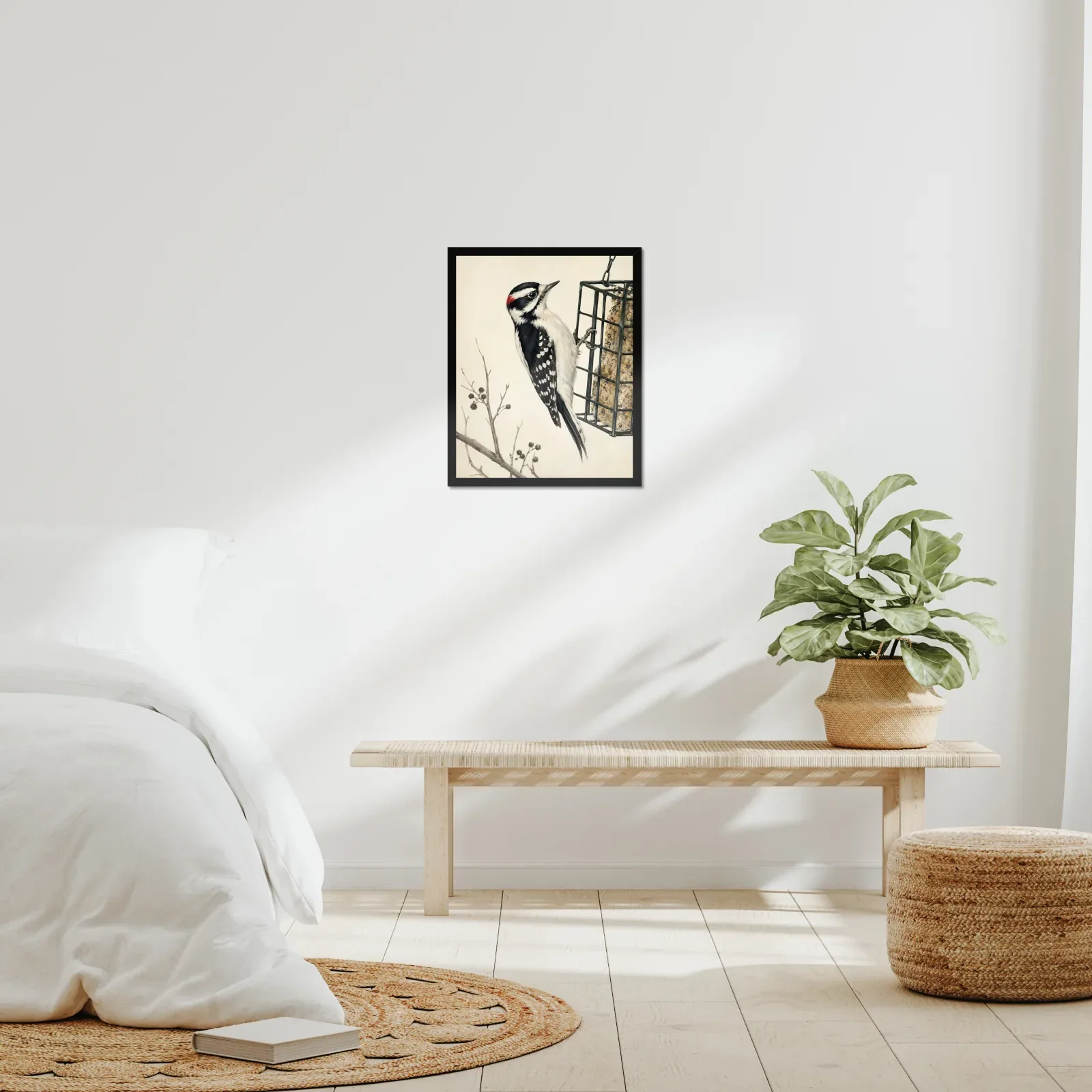 Downy Woodpecker Print framed at 16x20 inches, shown on a wall to scale
