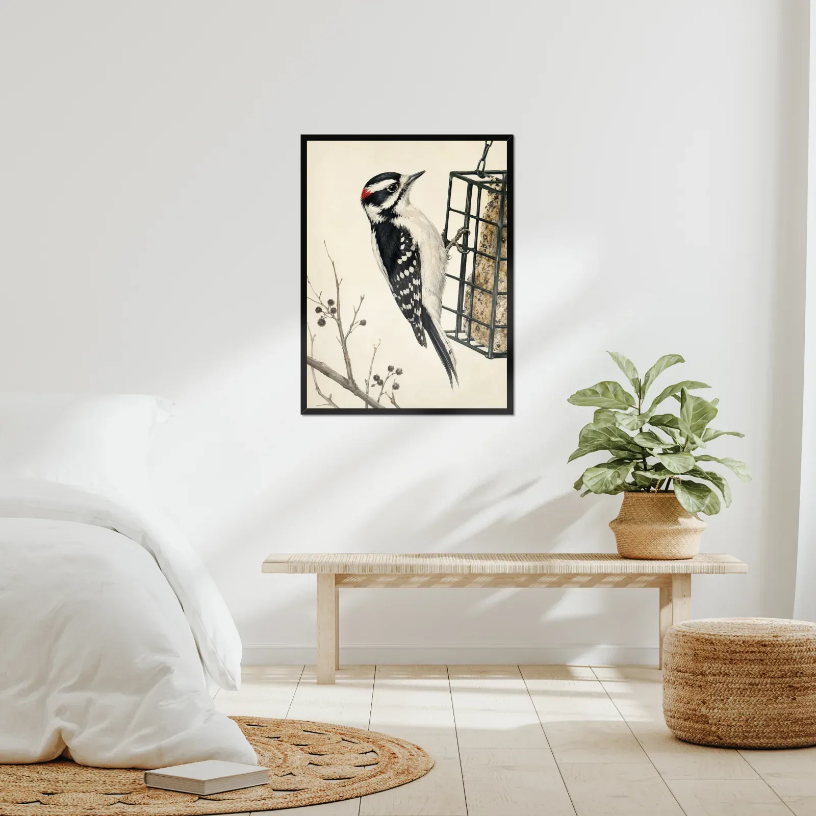 A framed bird print in a real room