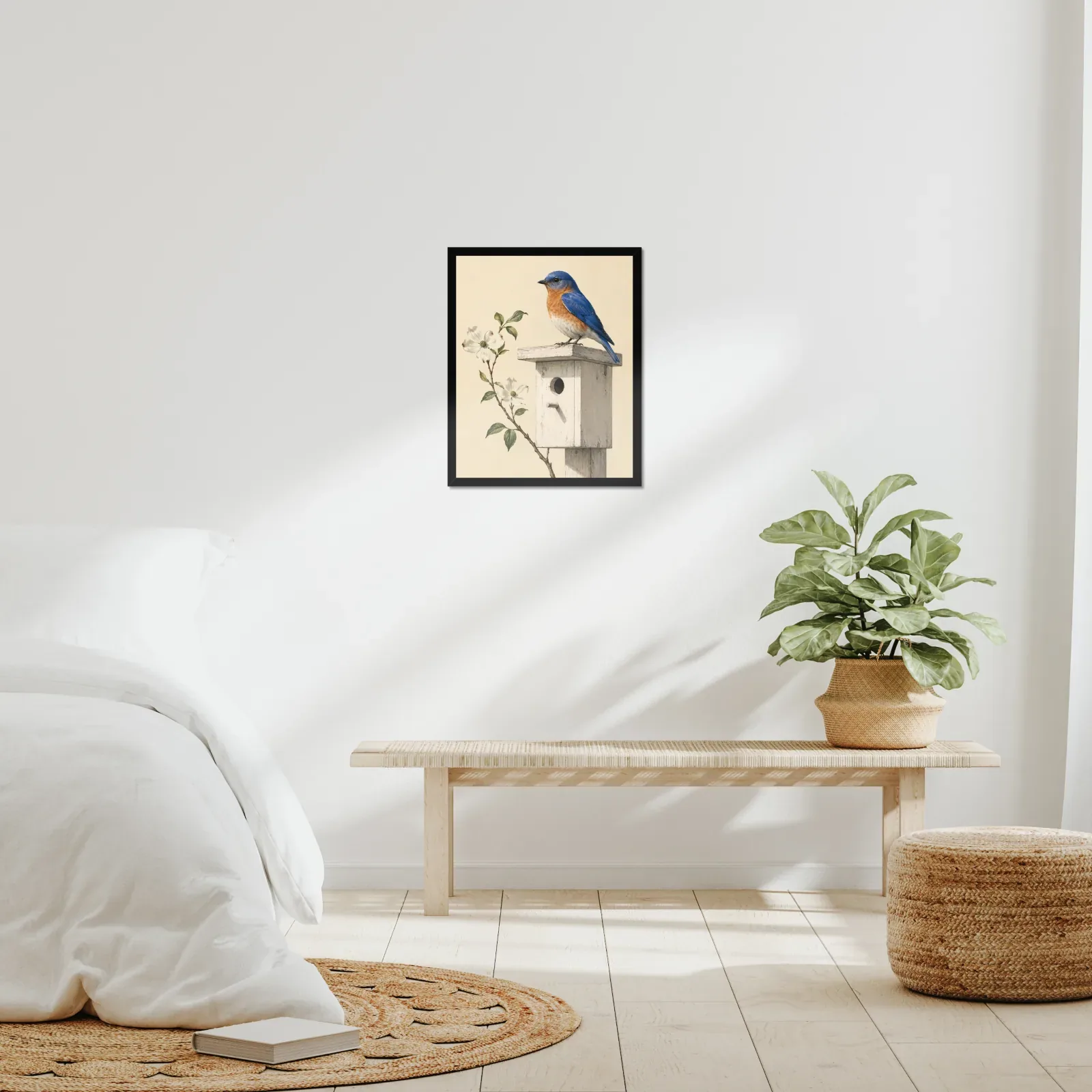 Eastern Bluebird Print framed at 16x20 inches, shown on a wall to scale