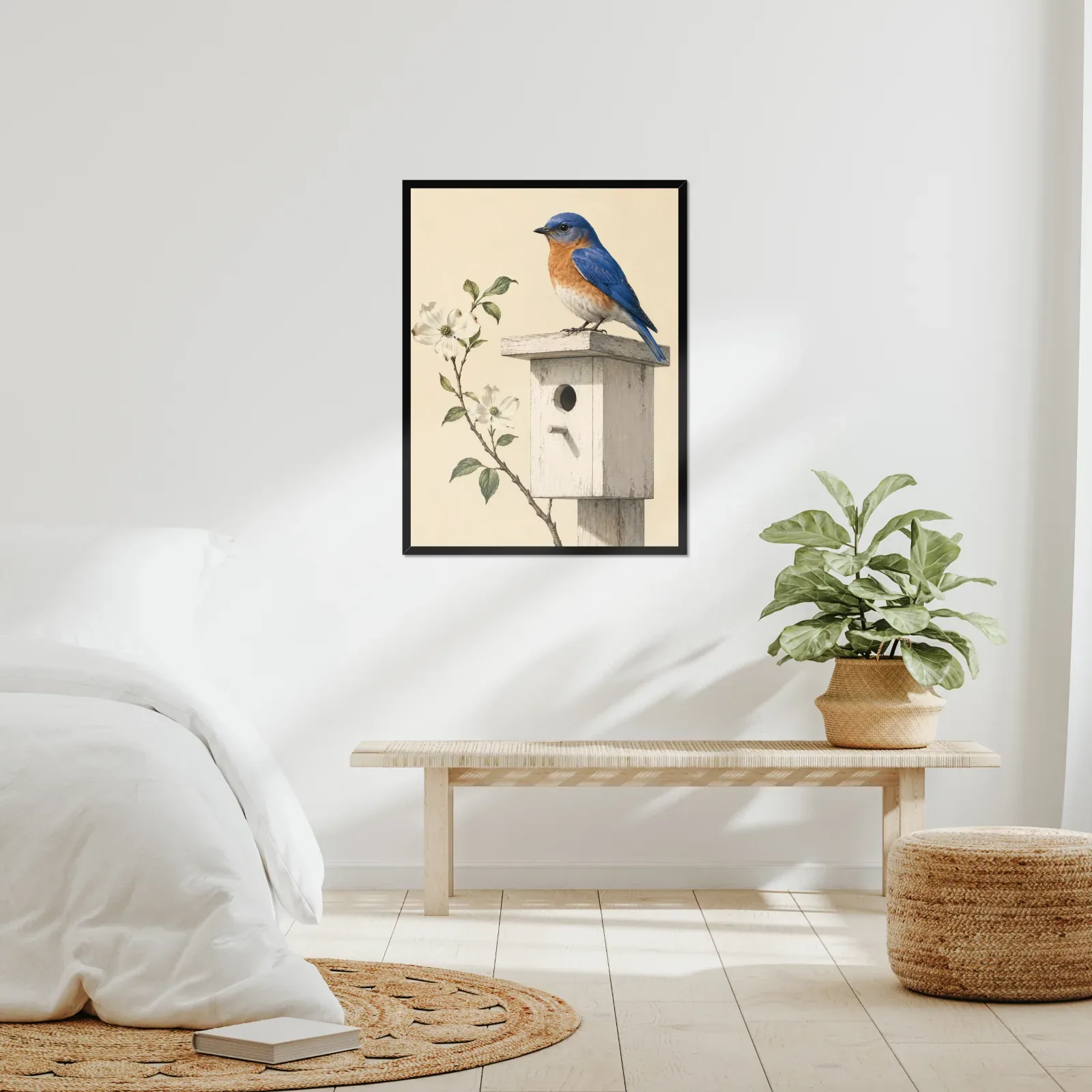 A framed bird print in a real room