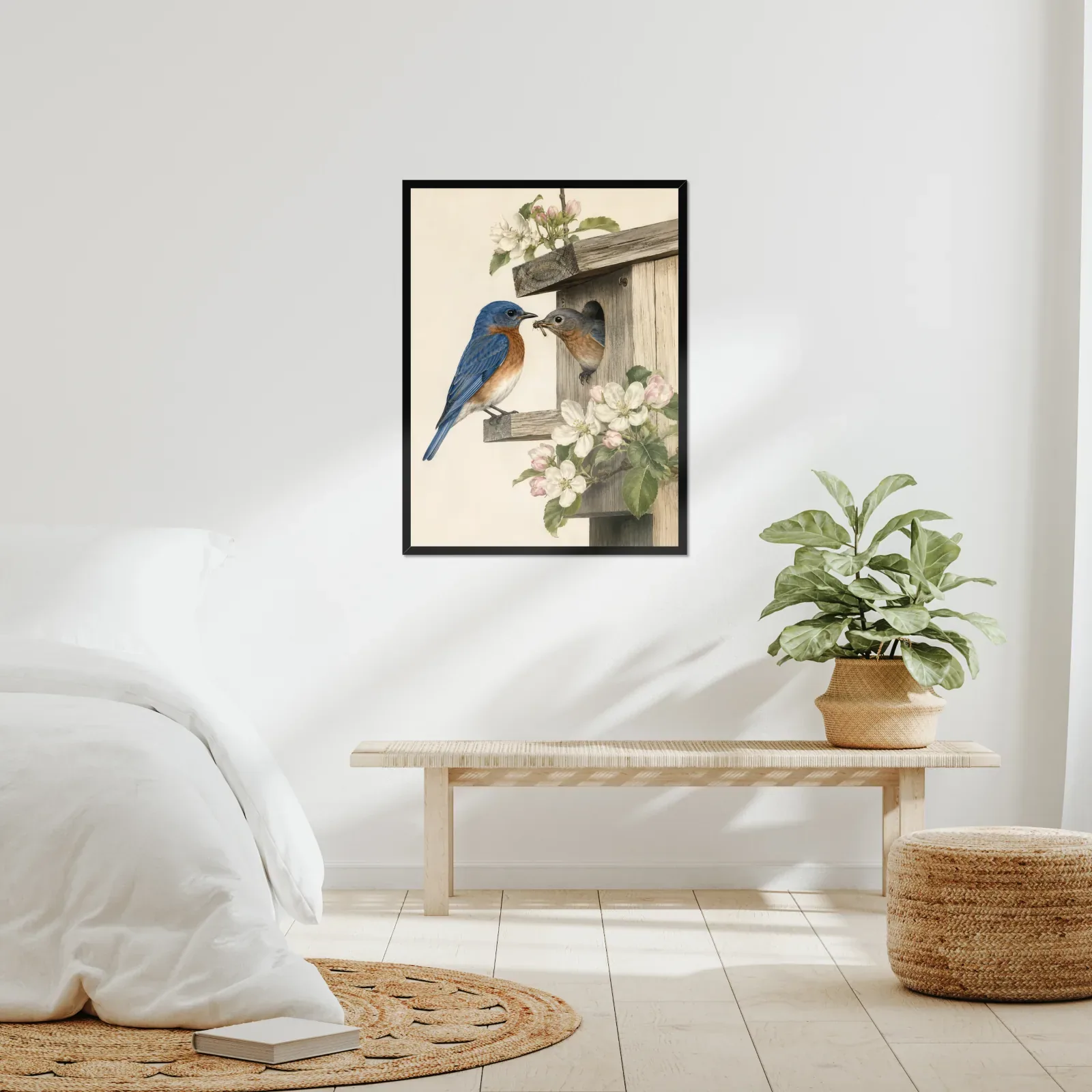 An Audubon-style bird print hung in a room, in a plain moulding