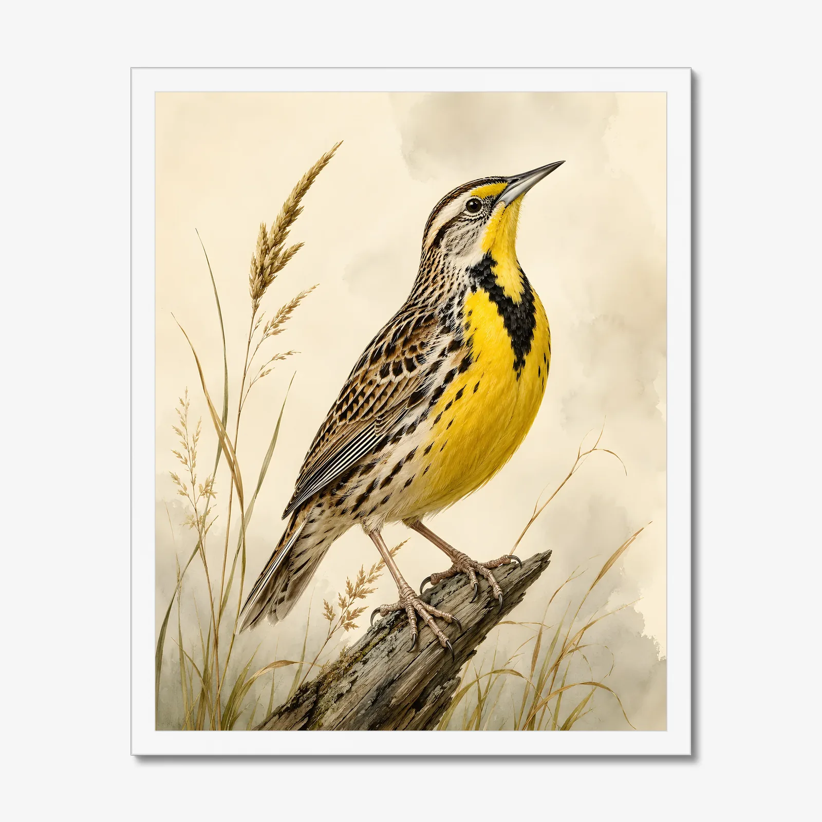 Eastern Meadowlark Print in a white frame