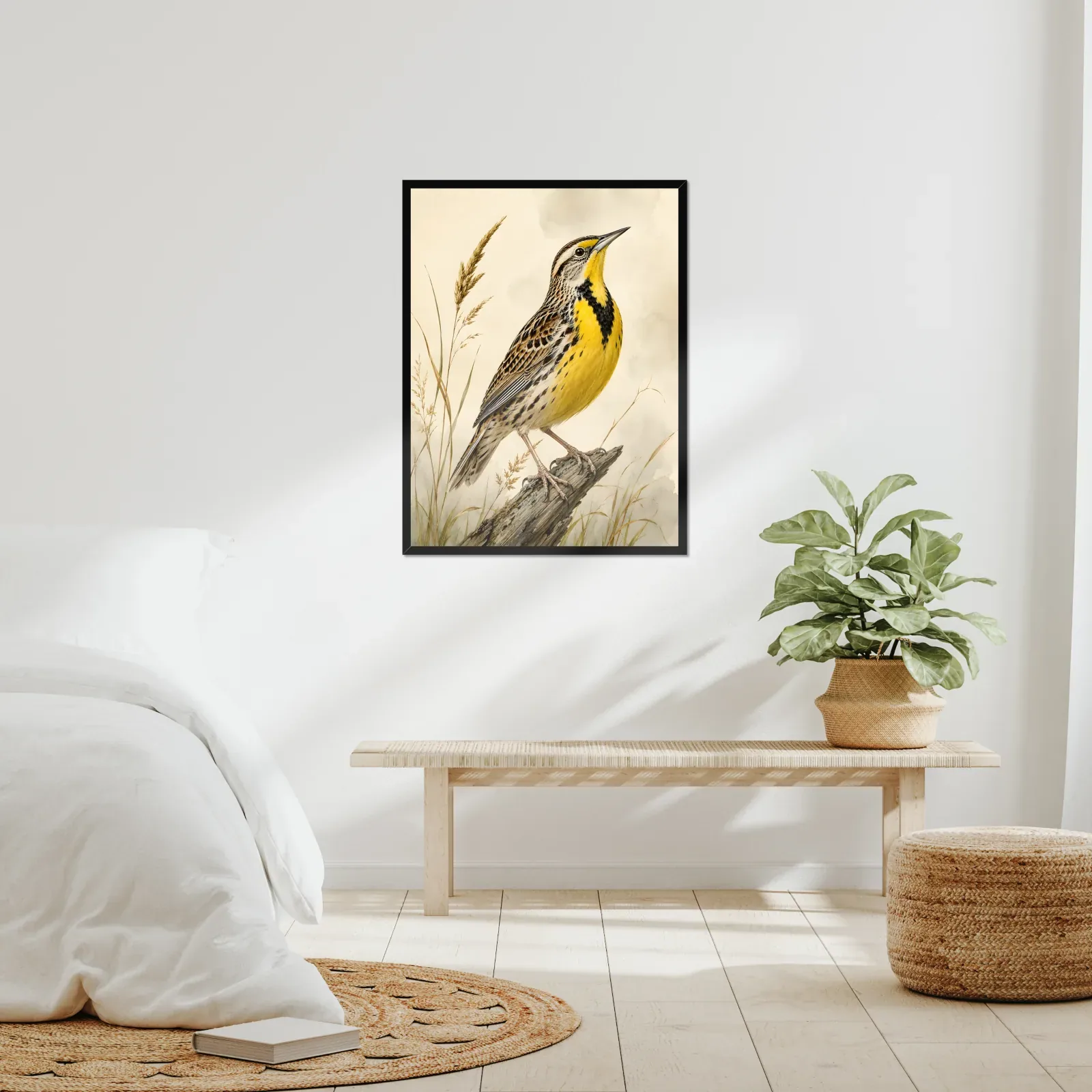 Eastern Meadowlark Print framed at 24x30 inches, shown on a wall to scale