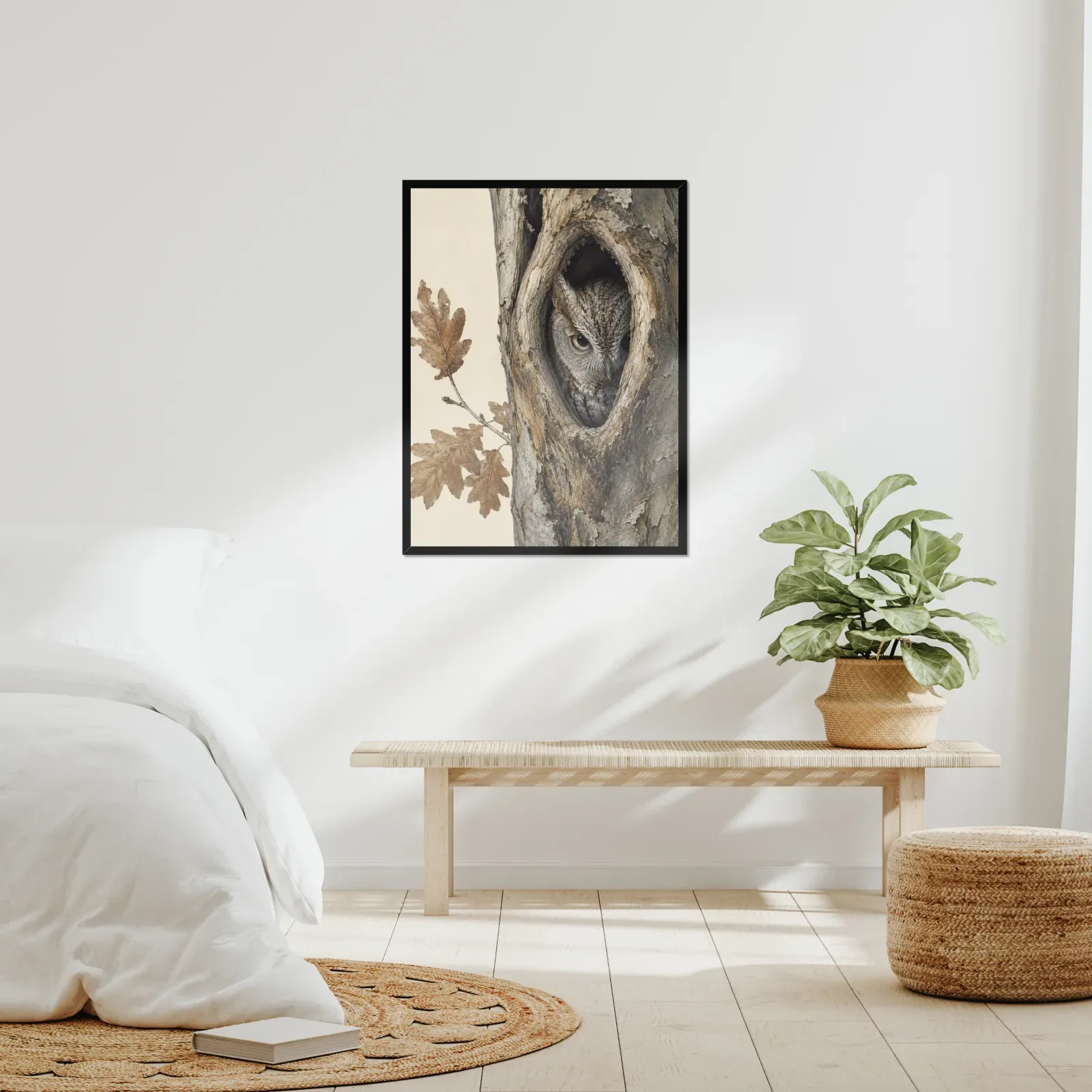 Eastern Screech-Owl Print framed at 24x30 inches, shown on a wall to scale