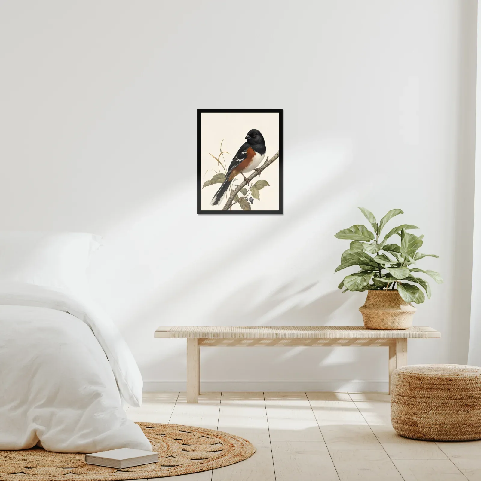 Eastern Towhee Print - Woodland Bird Wall Art framed at 16x20 inches, shown on a wall to scale