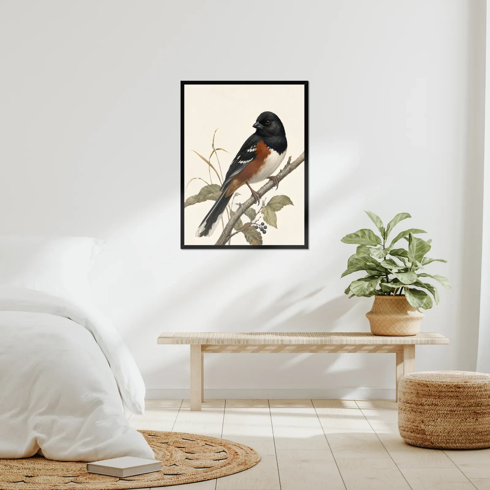 Eastern Towhee Print - Woodland Bird Wall Art framed at 24x30 inches, shown on a wall to scale
