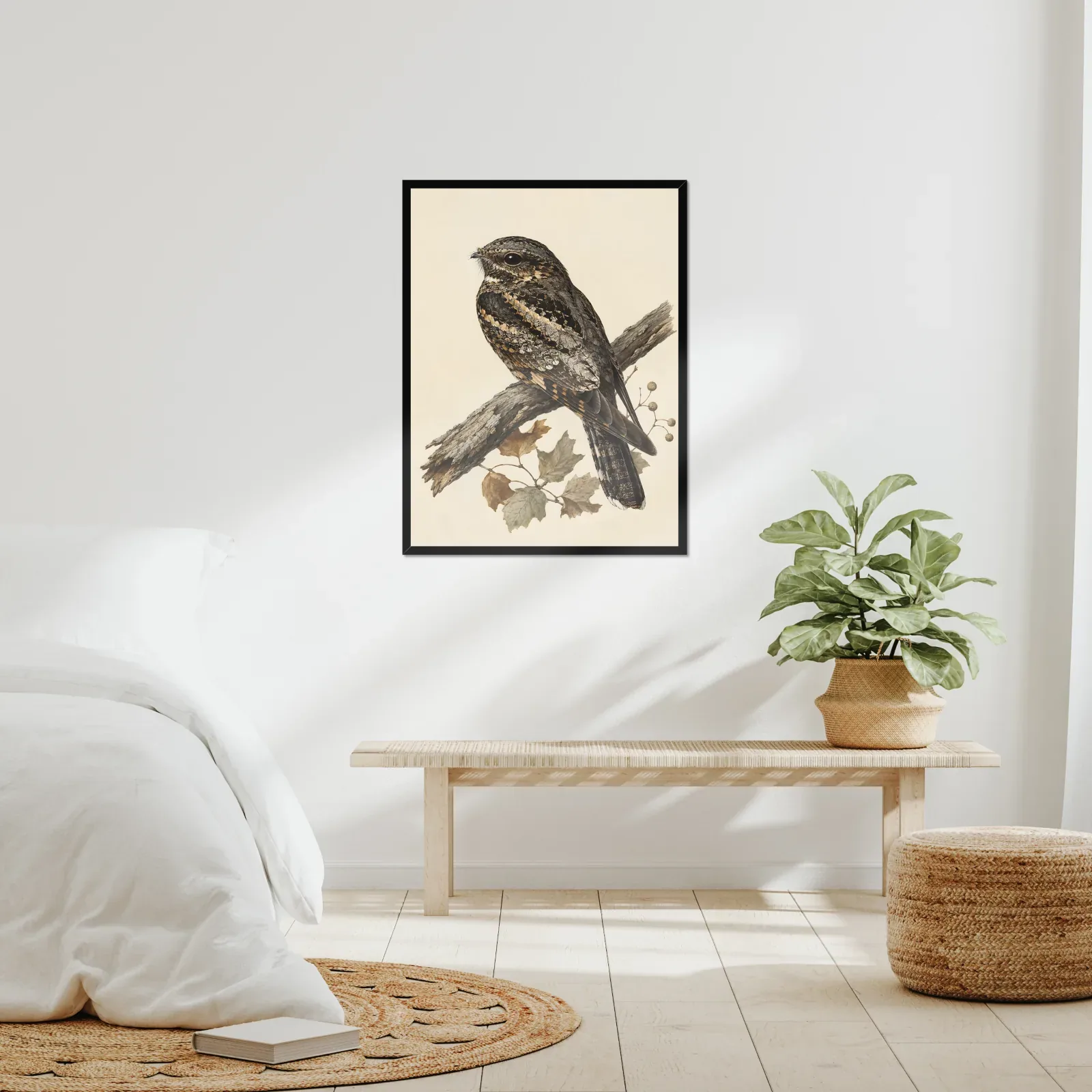 Eastern Whip Poor Will Print framed at 24x30 inches, shown on a wall to scale