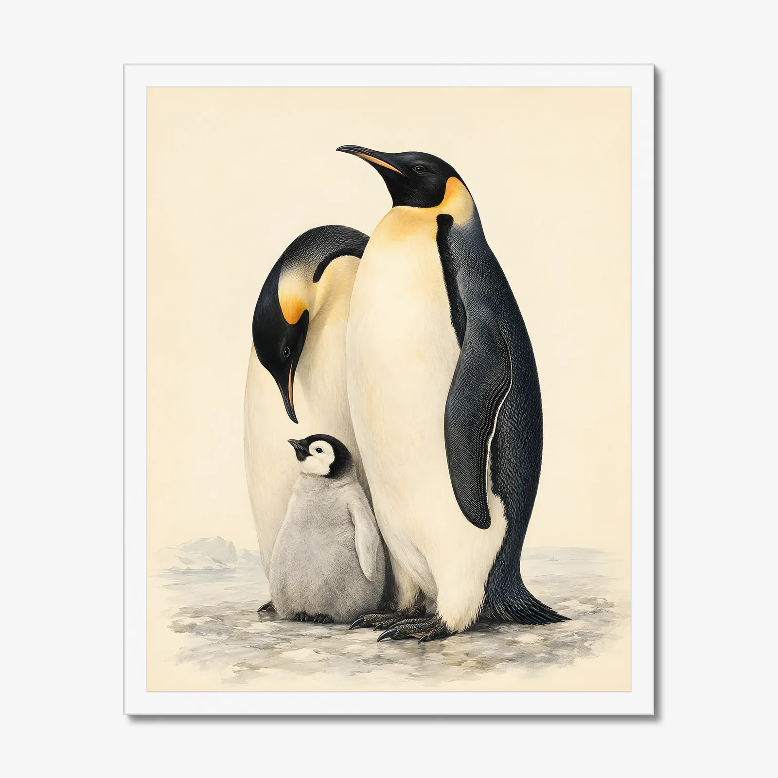 Emperor Penguin Family Print in a white frame
