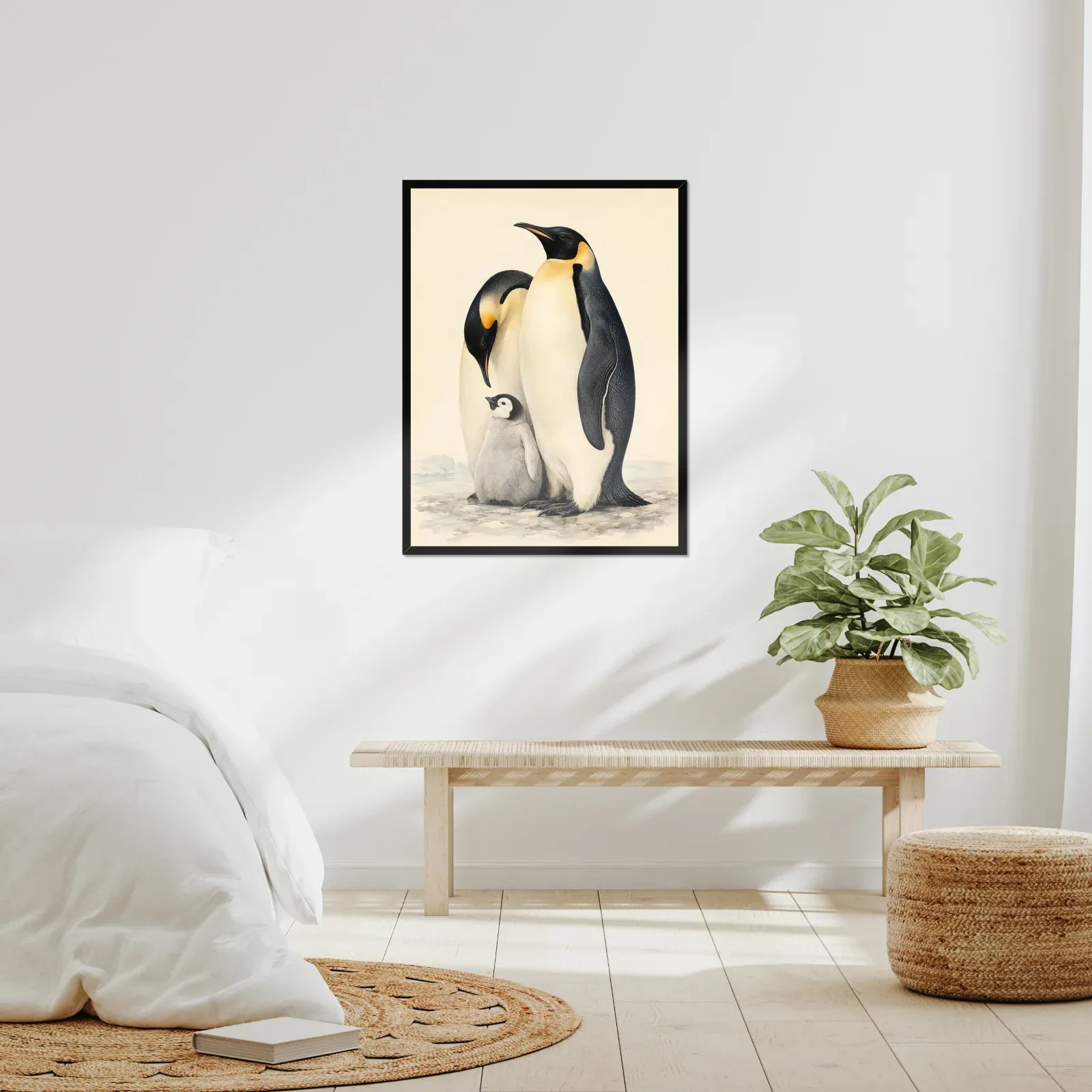 Emperor Penguin Family Print framed at 24x30 inches, shown on a wall to scale