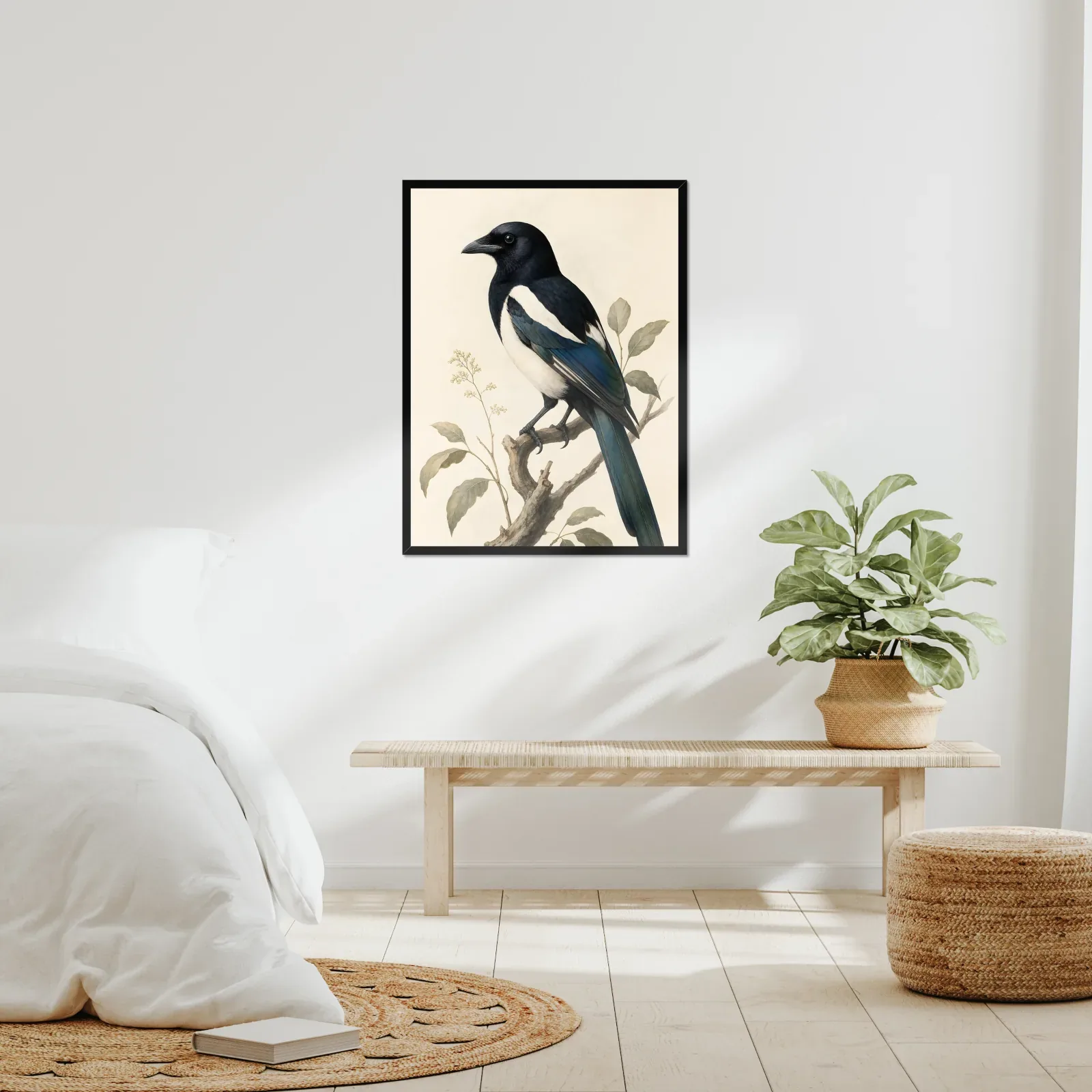 Eurasian Magpie Print framed at 24x30 inches, shown on a wall to scale