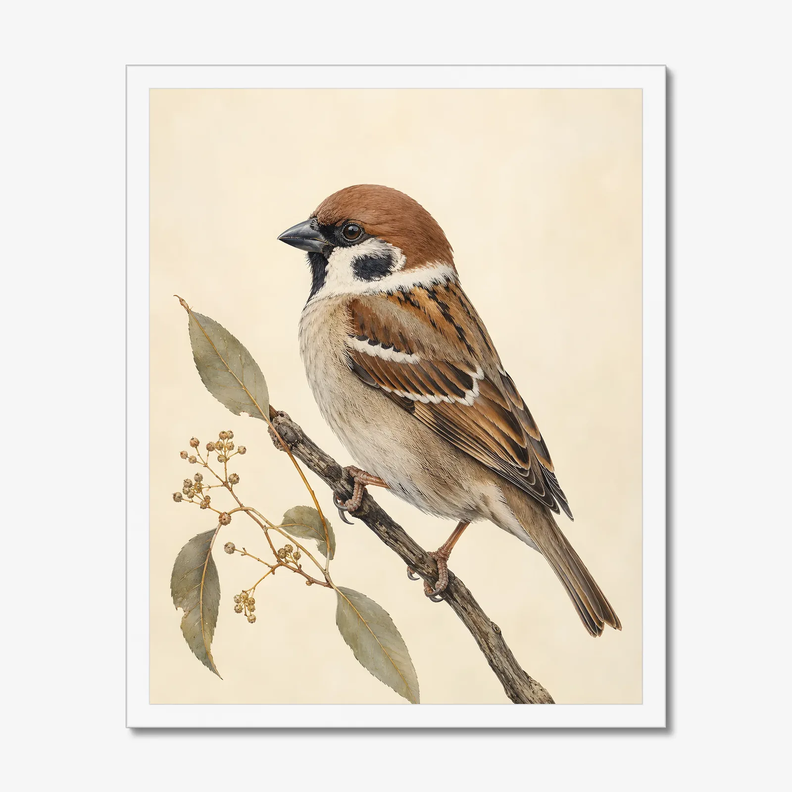 Eurasian Tree Sparrow Print in a white frame