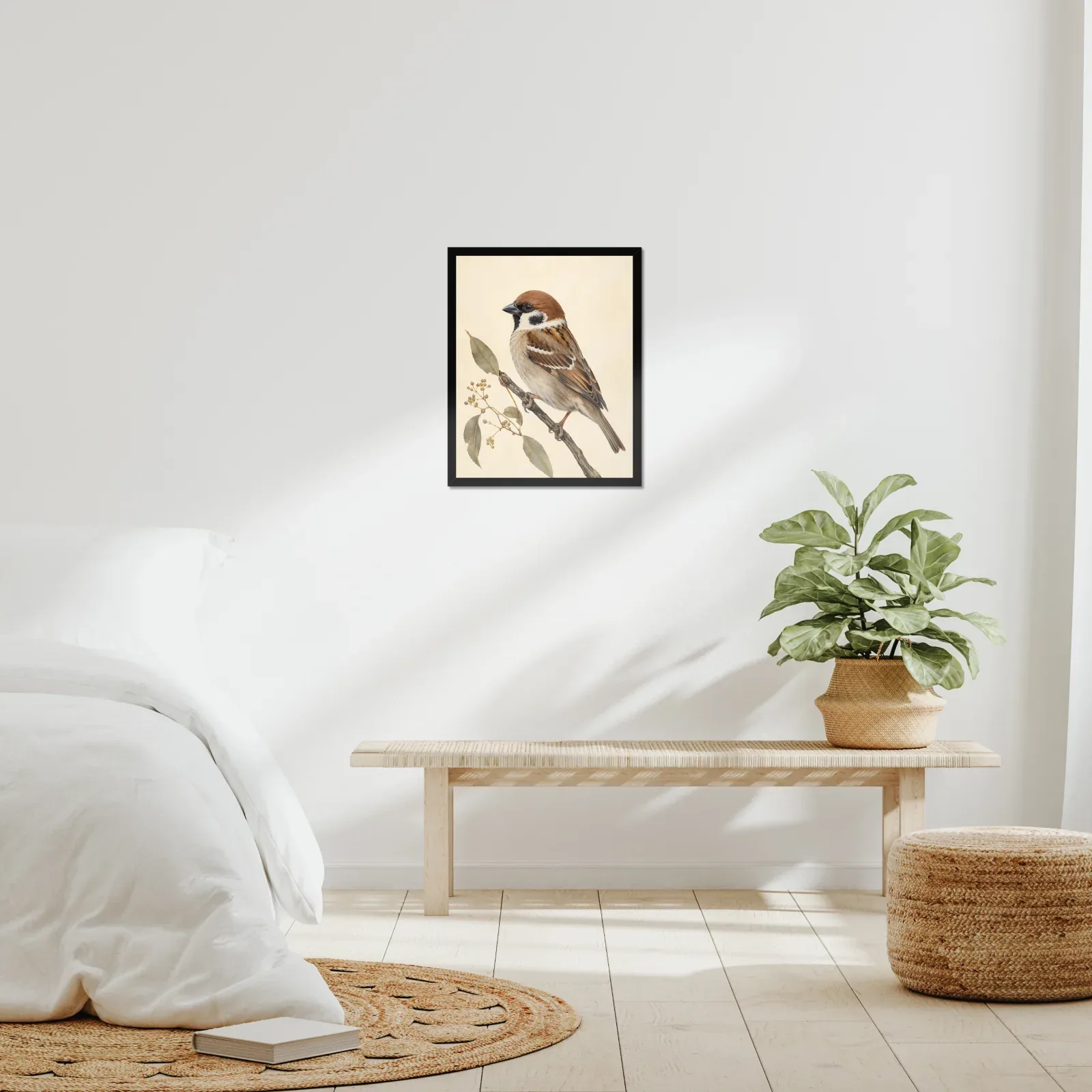 Eurasian Tree Sparrow Print framed at 16x20 inches, shown on a wall to scale