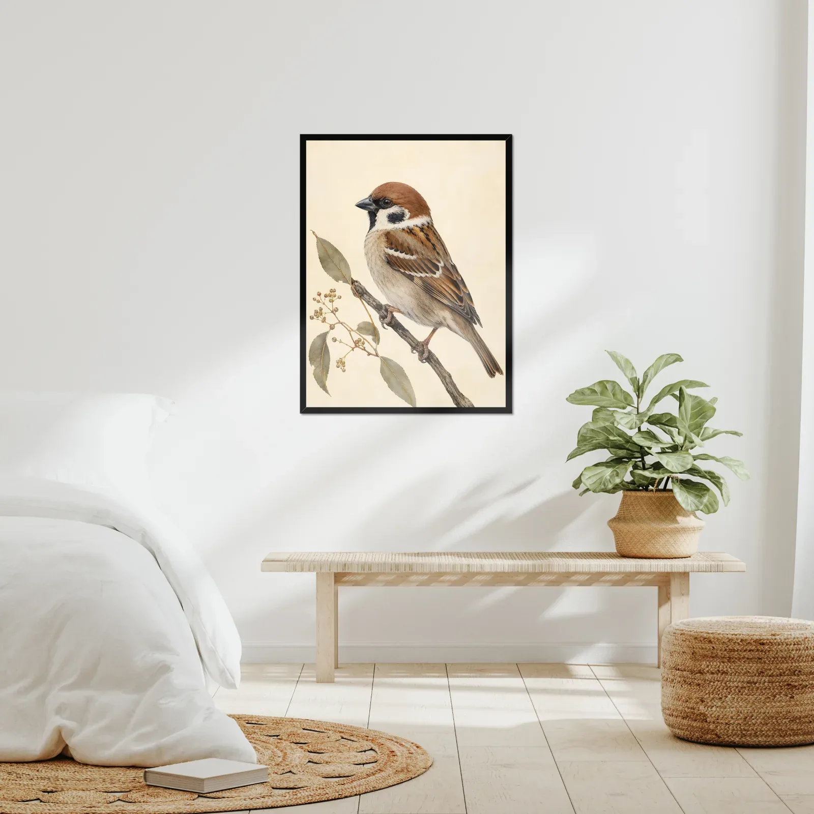 Eurasian Tree Sparrow Print framed at 24x30 inches, shown on a wall to scale