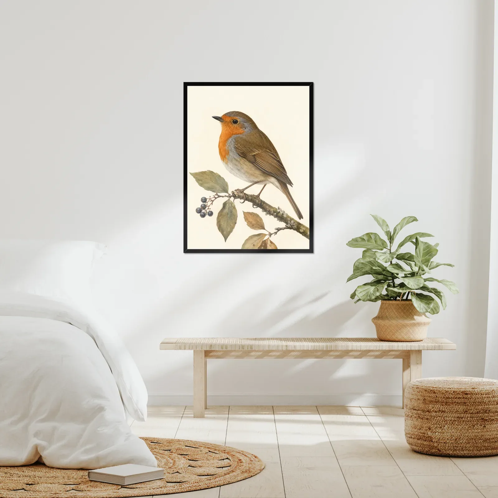European Robin Print framed at 24x30 inches, shown on a wall to scale