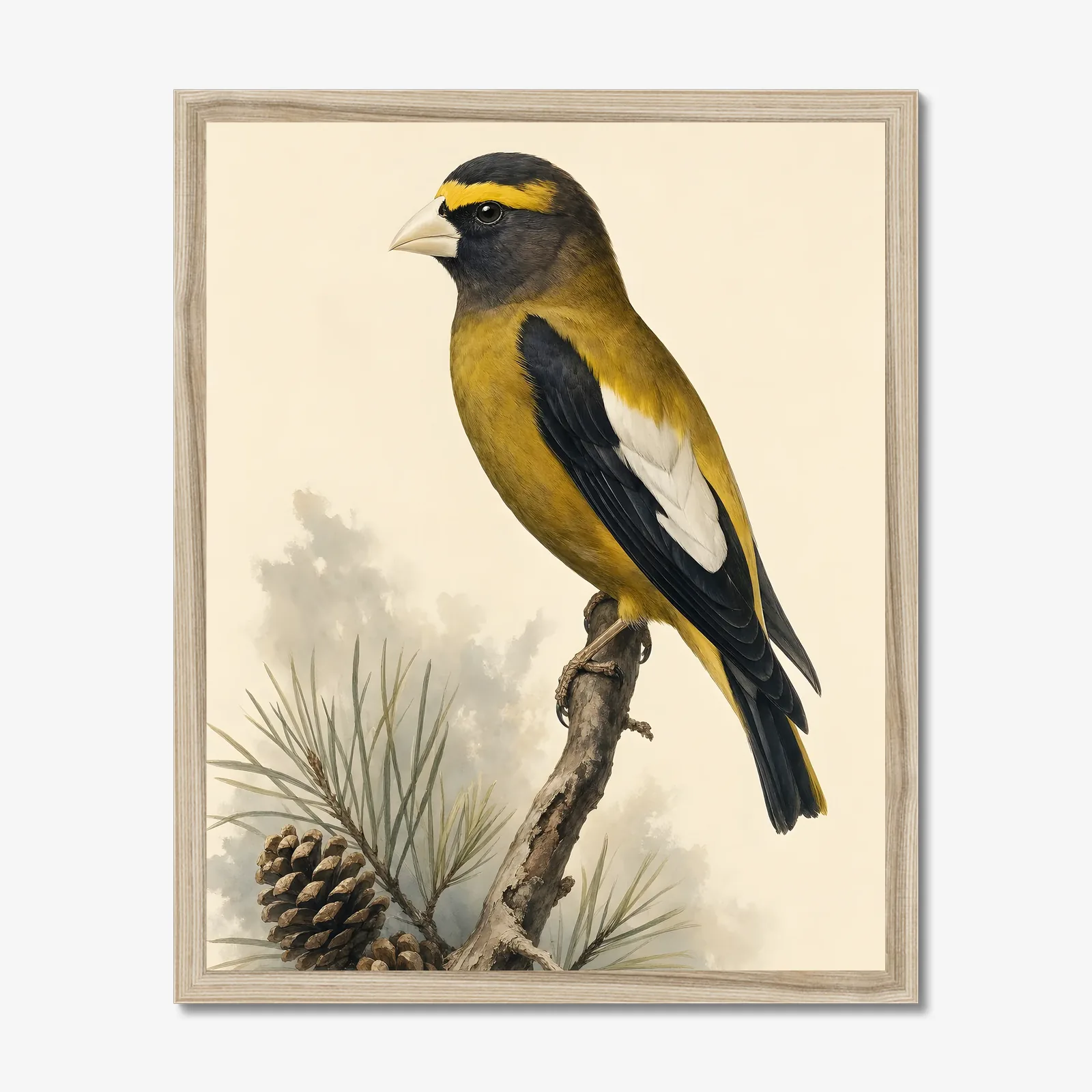 Evening Grosbeak Print in a natural frame