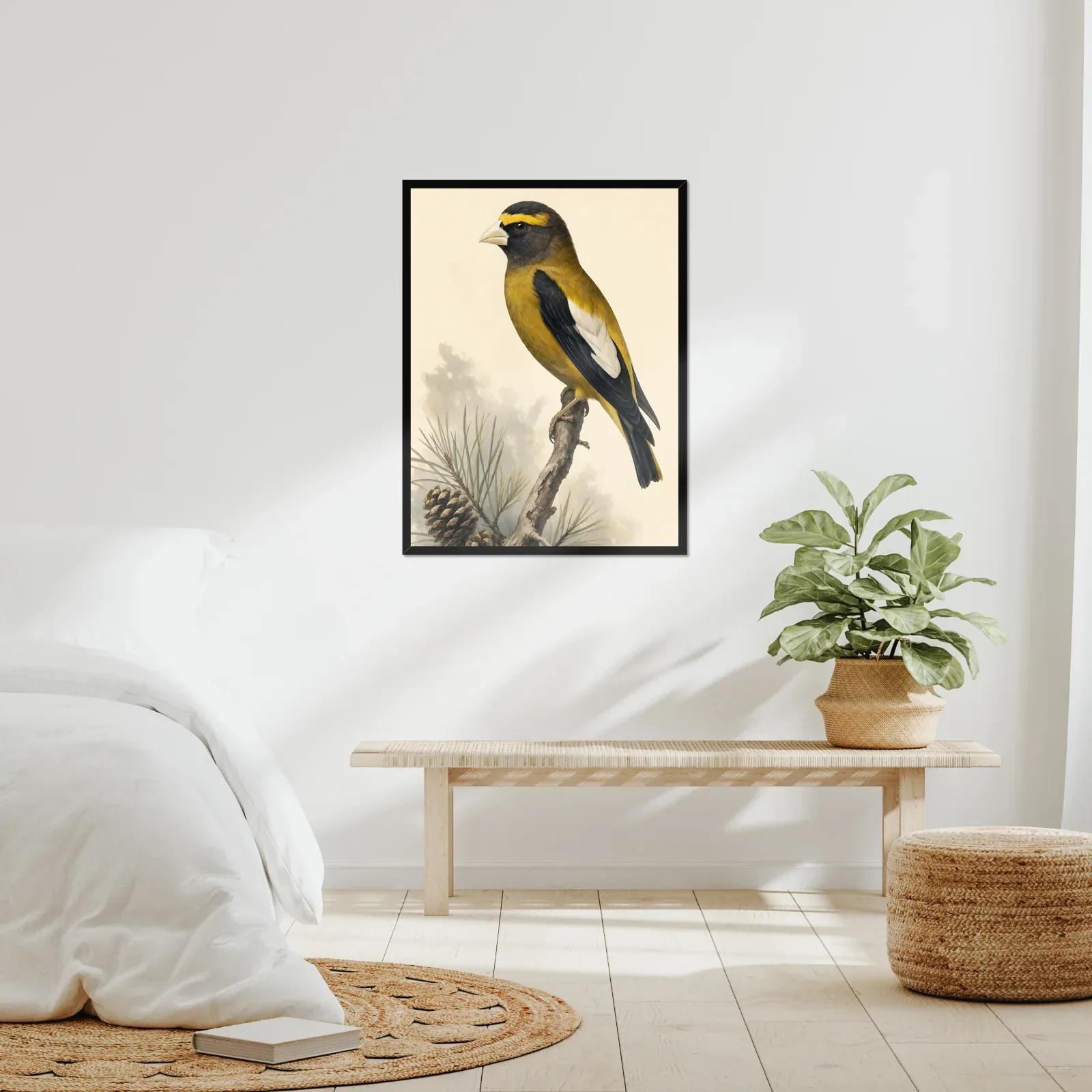 Evening Grosbeak Print framed at 24x30 inches, shown on a wall to scale