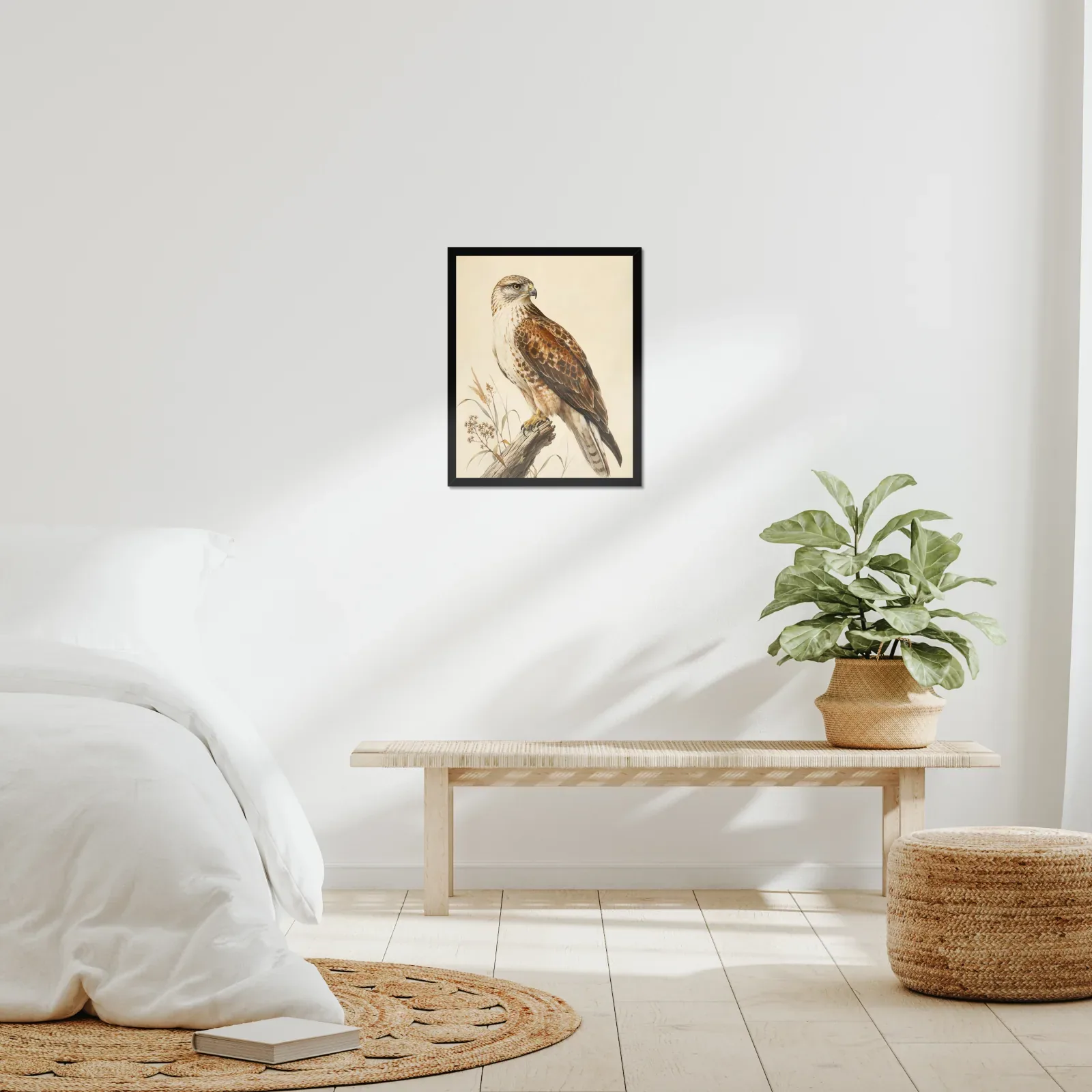 Ferruginous Hawk Print framed at 16x20 inches, shown on a wall to scale
