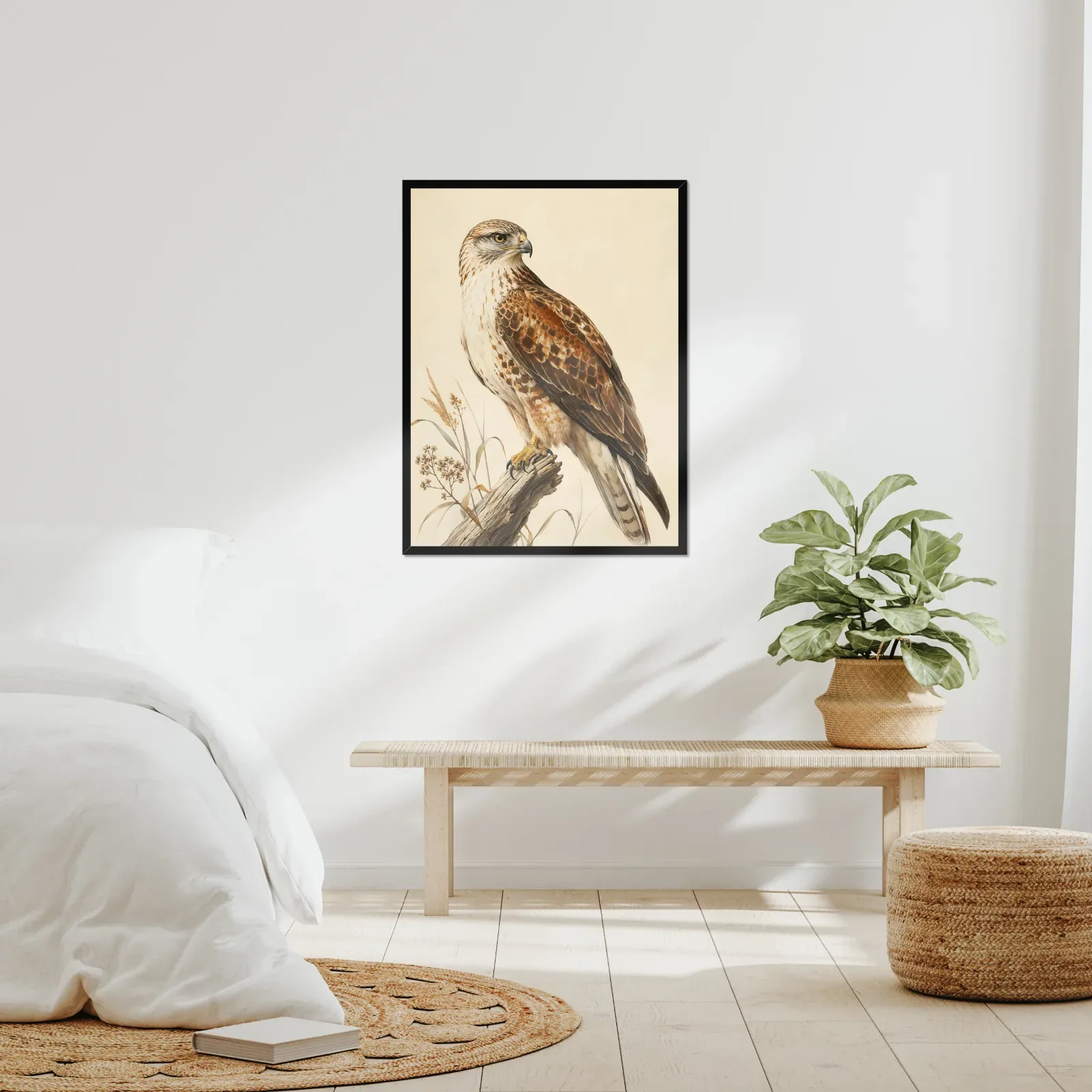 Ferruginous Hawk Print framed at 24x30 inches, shown on a wall to scale