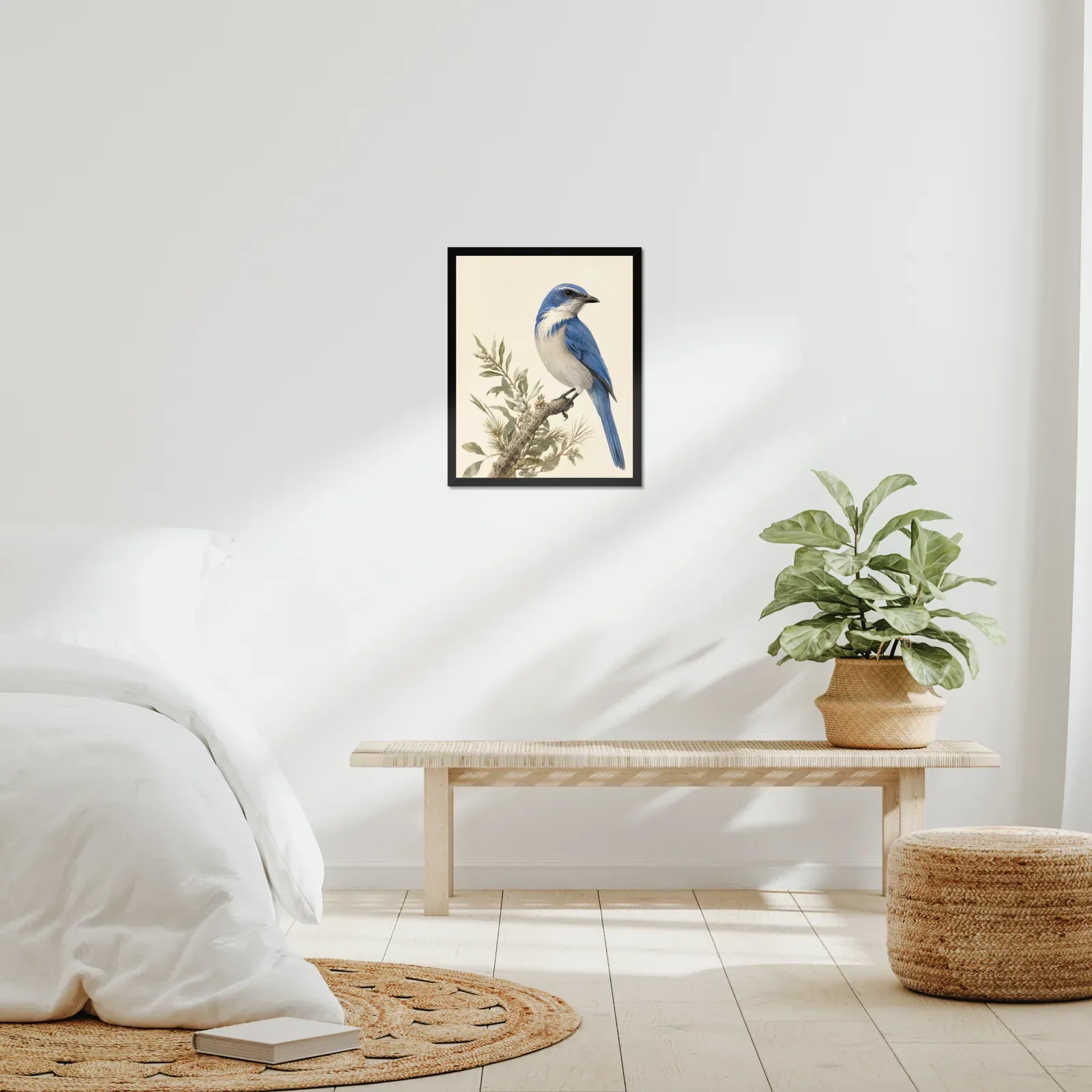 Florida Scrub-Jay Print framed at 16x20 inches, shown on a wall to scale