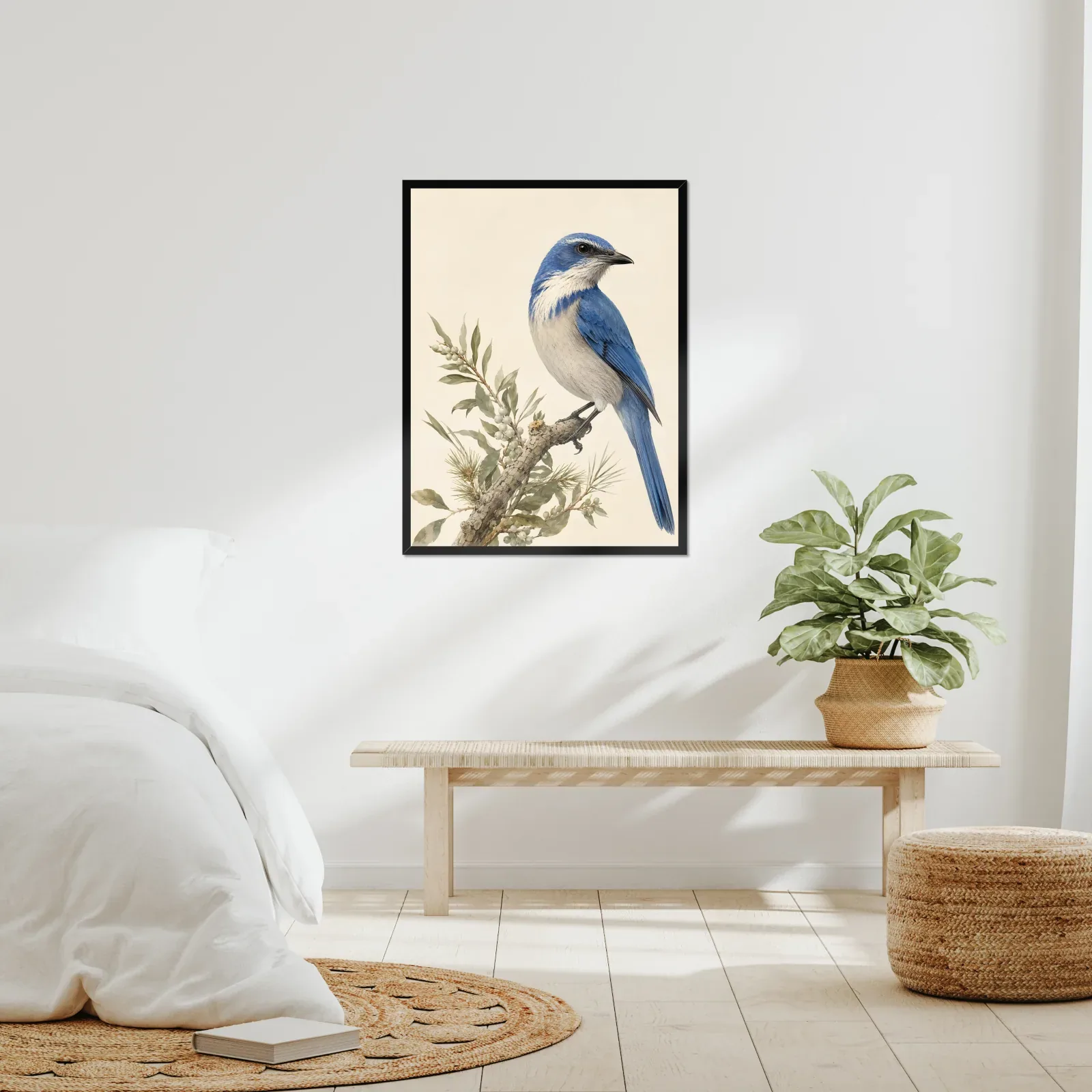 Florida Scrub-Jay Print framed at 24x30 inches, shown on a wall to scale