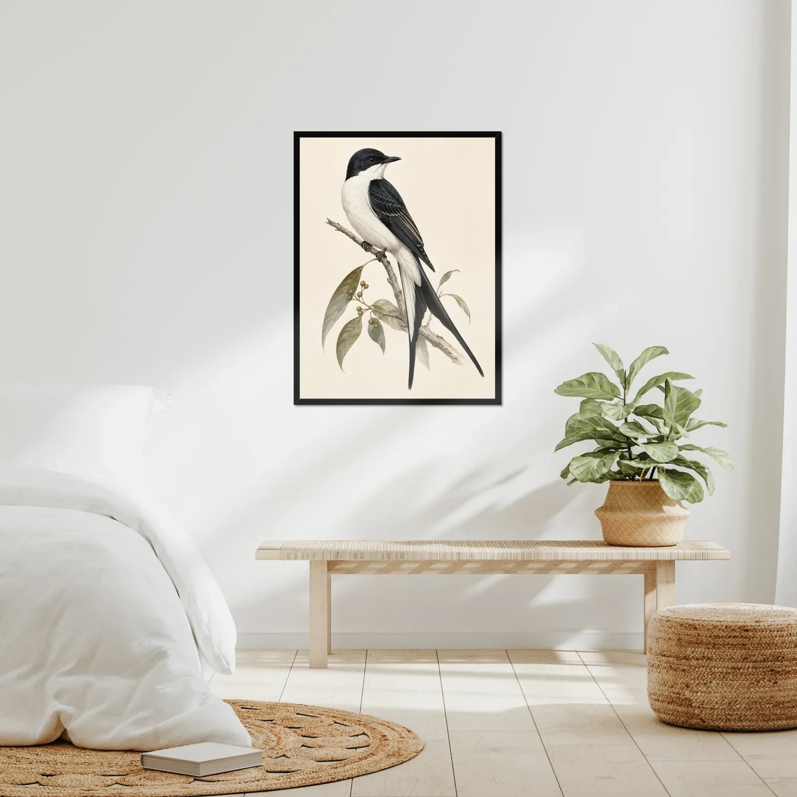 Fork-tailed Flycatcher Print framed at 24x30 inches, shown on a wall to scale