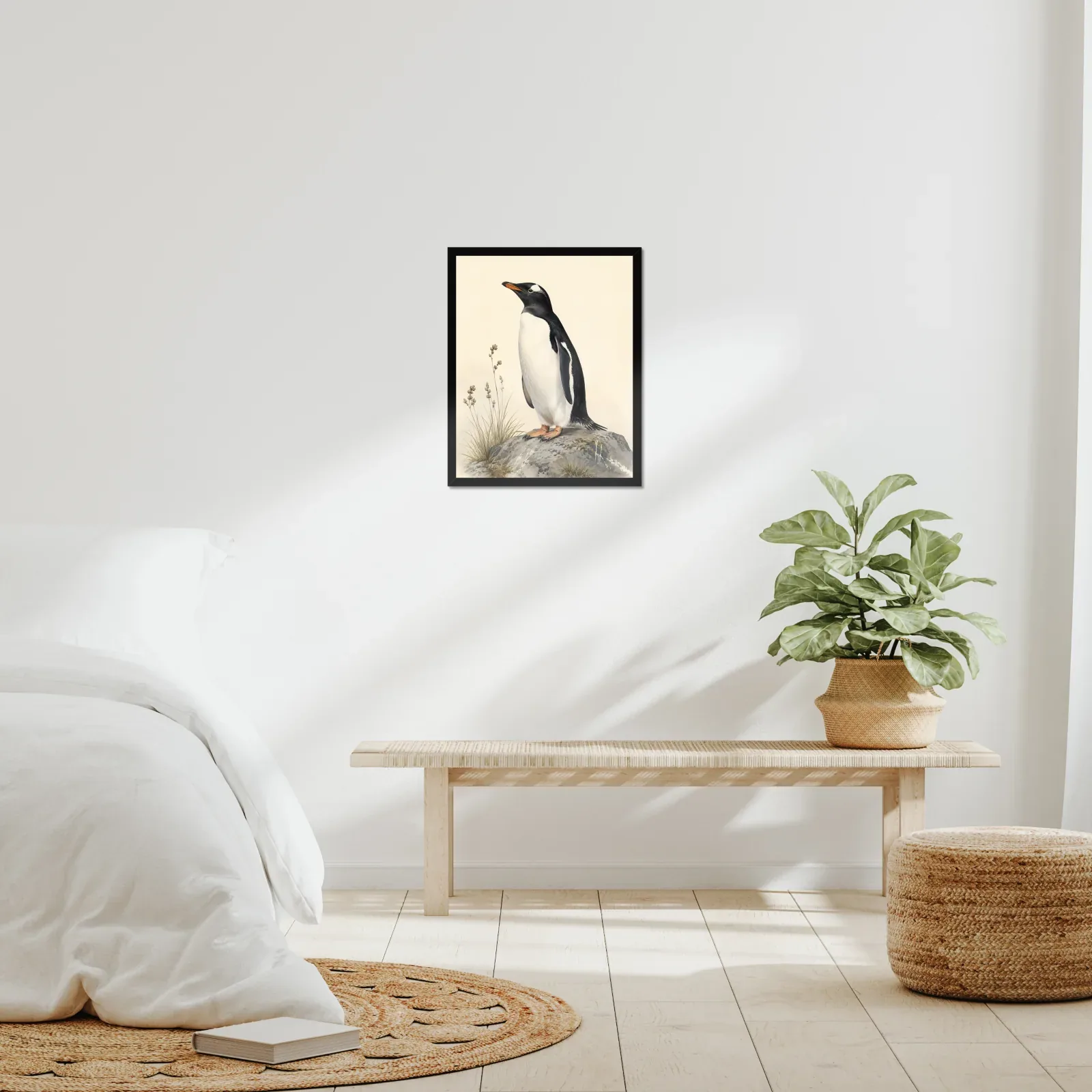 Gentoo Penguin Print framed at 16x20 inches, shown on a wall to scale