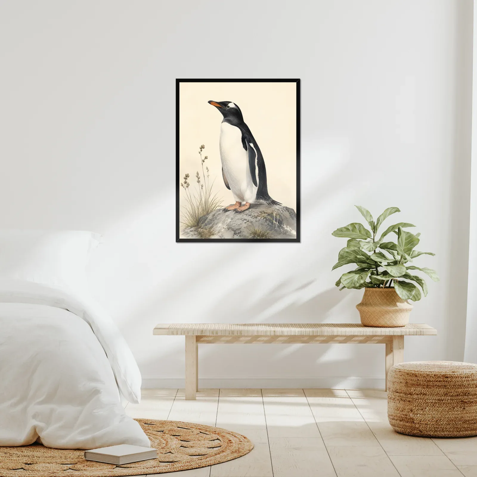 Gentoo Penguin Print framed at 24x30 inches, shown on a wall to scale