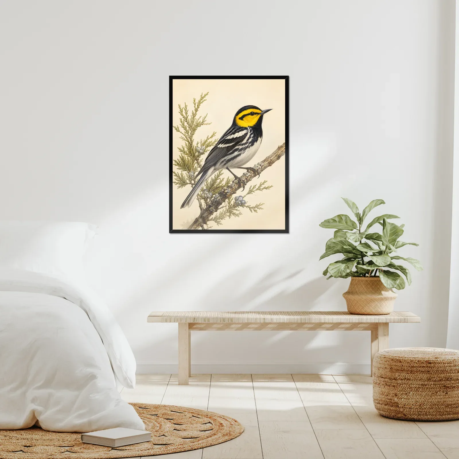 Golden-cheeked Warbler Print framed at 24x30 inches, shown on a wall to scale