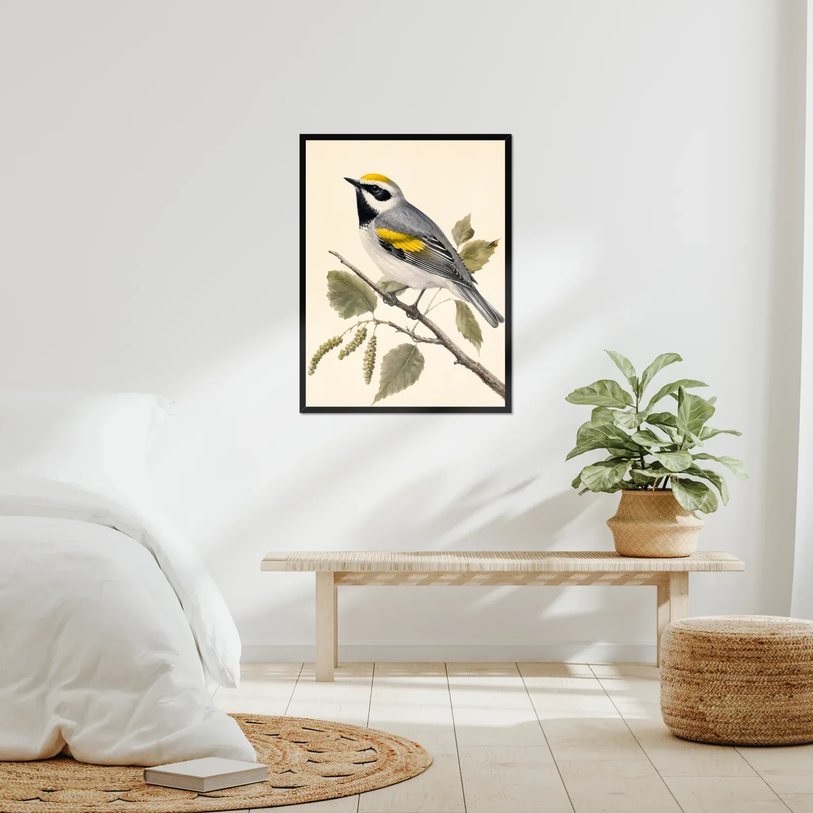 Golden-winged Warbler Print framed at 24x30 inches, shown on a wall to scale