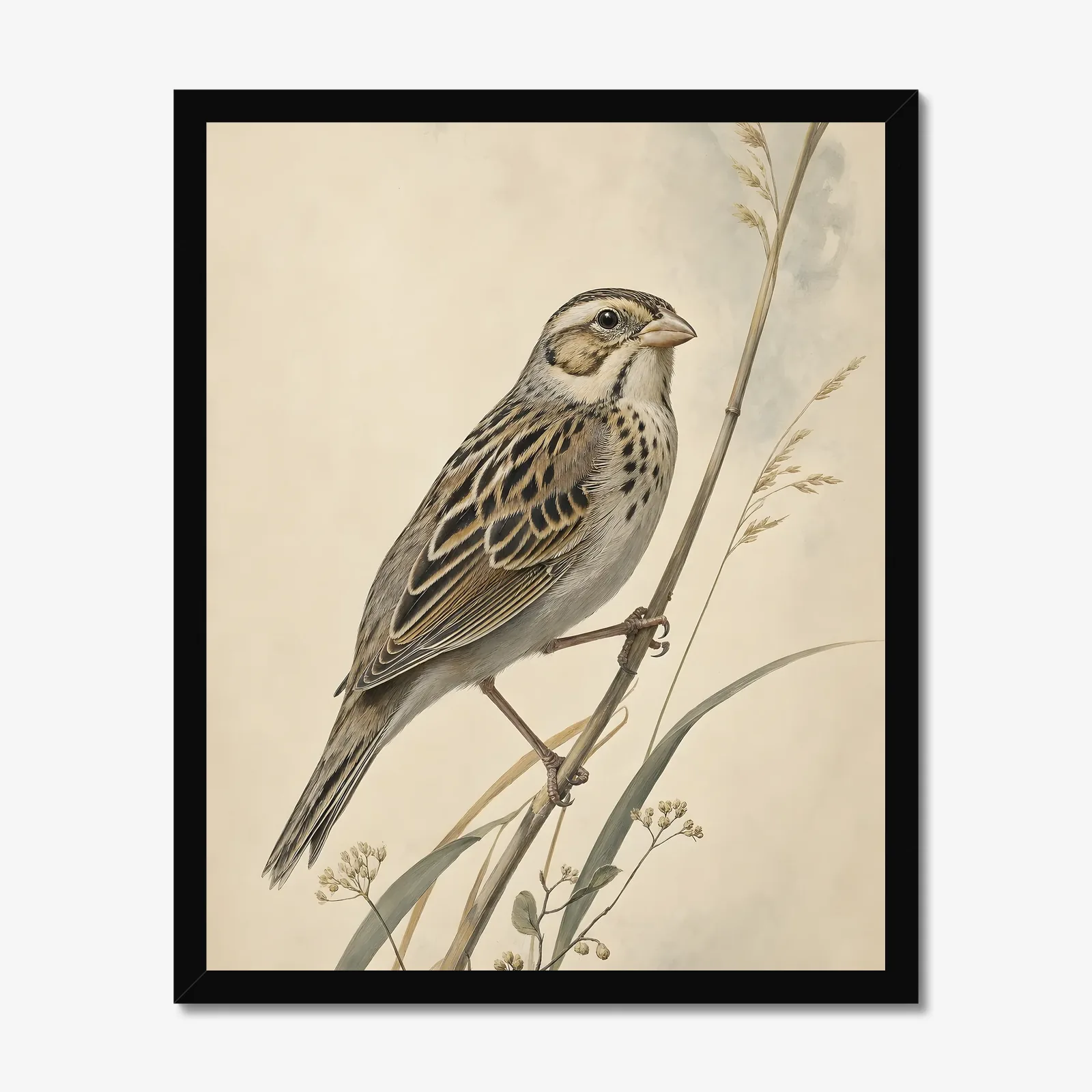 Grasshopper Sparrow Print in a black frame
