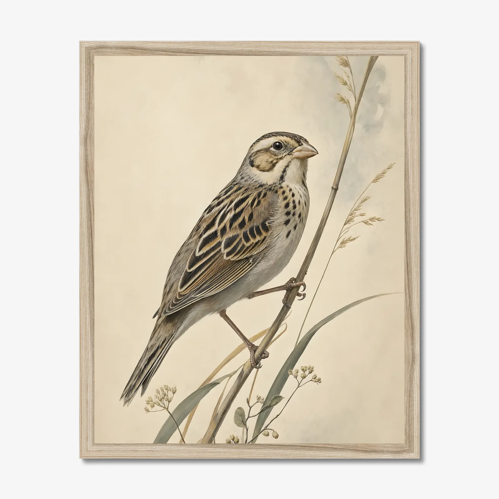 Grasshopper Sparrow Print in a natural frame